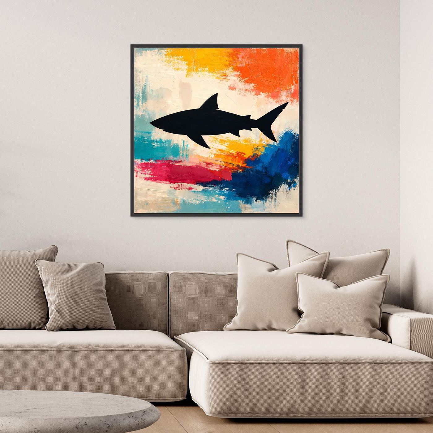Leinwand Minimalistische Hai-Silhouette im Farbenmeer | Abstraktes Pop-Art Wandbild