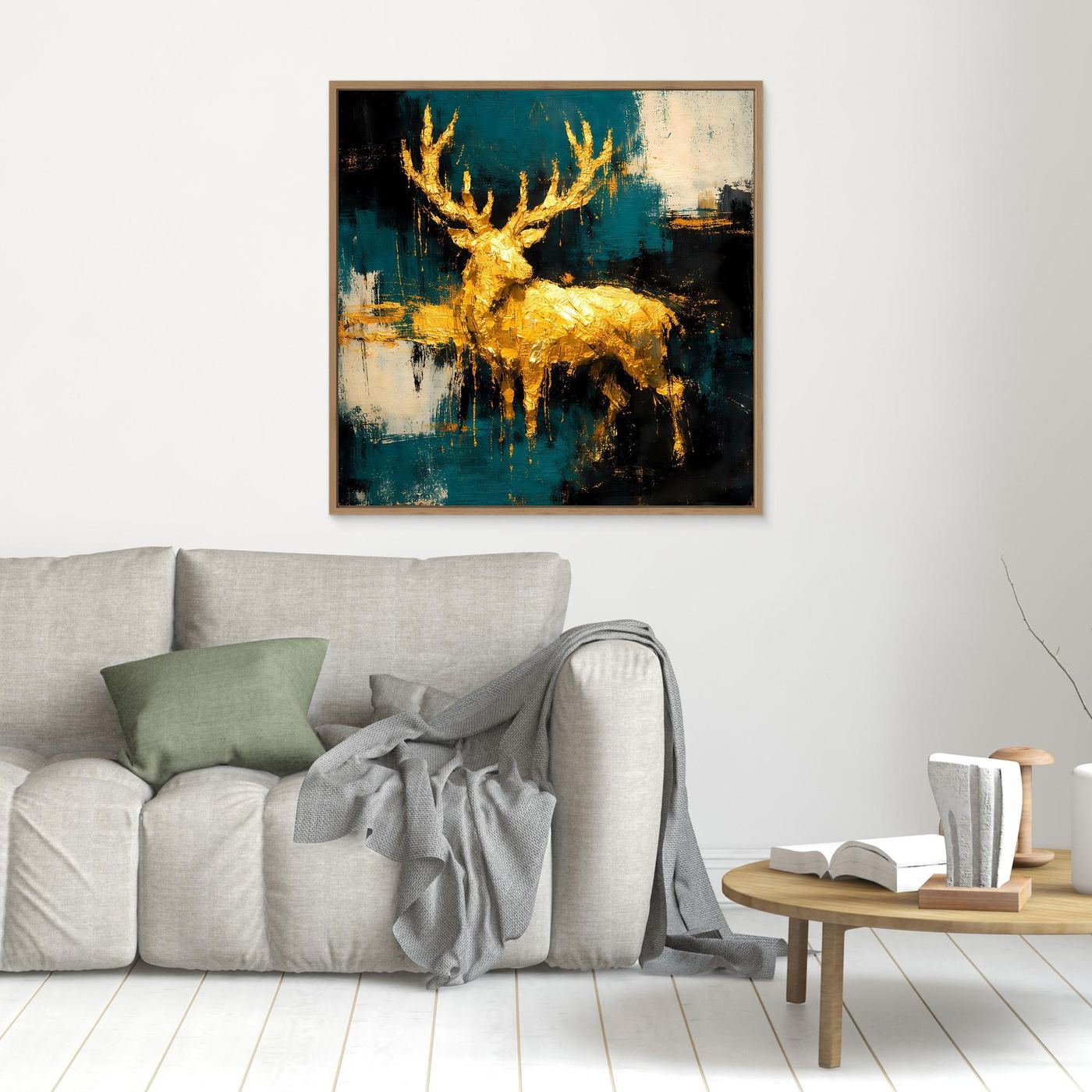 Leinwand Goldener Hirsch in abstrakter Landschaft | Modernes Edel-Tier Wandbild