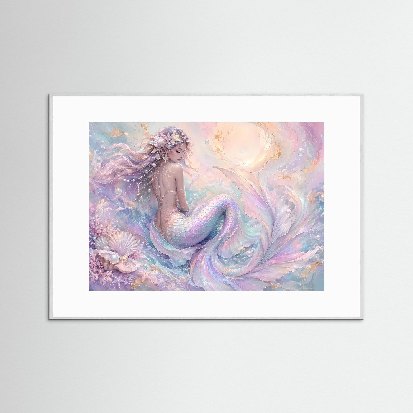 Meerjungfrau Poster Querformat | Pastell Fantasy Meerjungfrau Wandbild | Elegante Ozean Kunst