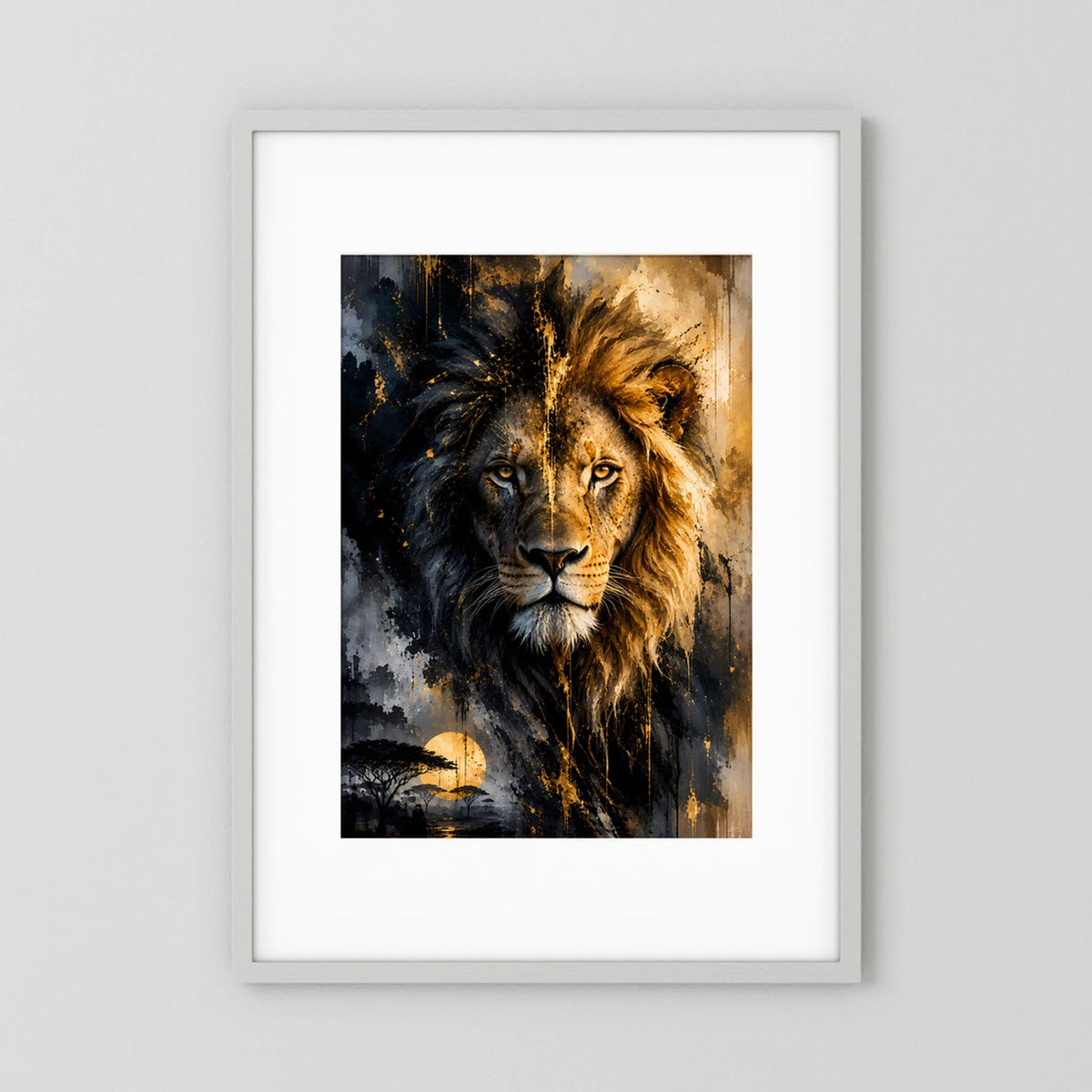Gerahmtes Löwenposter im Hochformat mit schwarzer und goldener Löwenmähne