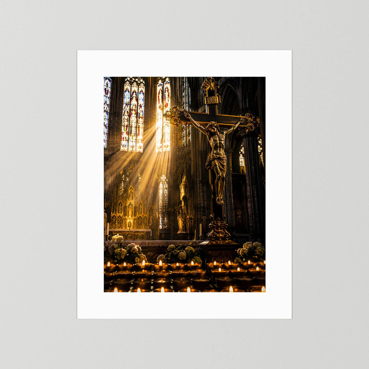 Hochformatiges Poster mit Christus am Kreuz in gotischer Kirche, weißer Rand