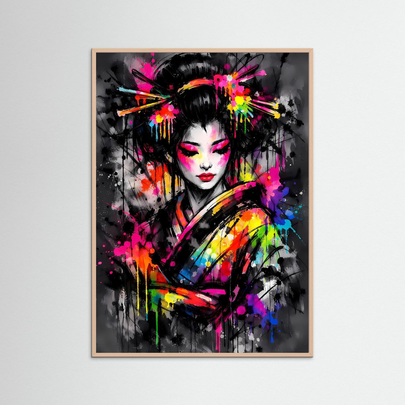 The Neon Geisha | Luxuriöses Geisha Poster Bunt & Dunkel | Abstraktes Japan Kunstposter Hochformat