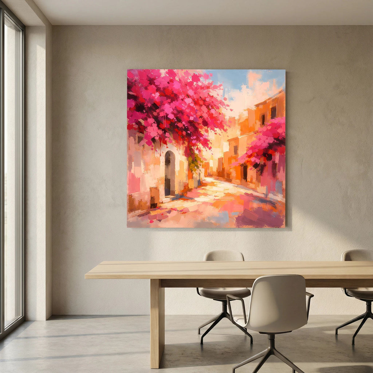 Abstraktes Leinwandbild: mediterrane Gasse mit rosa Blüten, Gewölbeelement und Pastellfarben