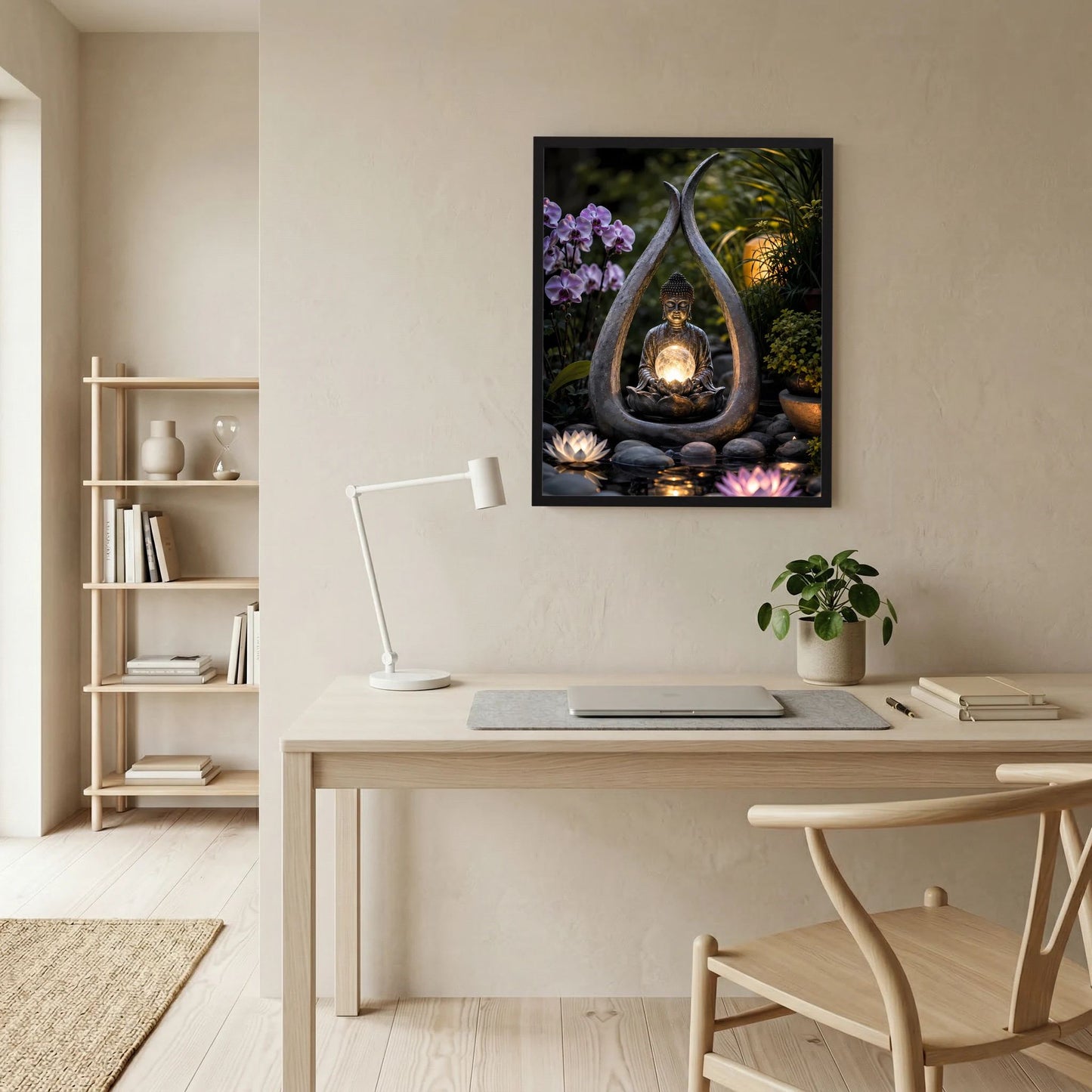 Spirituelles Poster mit Buddha im Zen-Garten, leuchtender Kugel und Orchideenblüten im schwarzen Rahmen