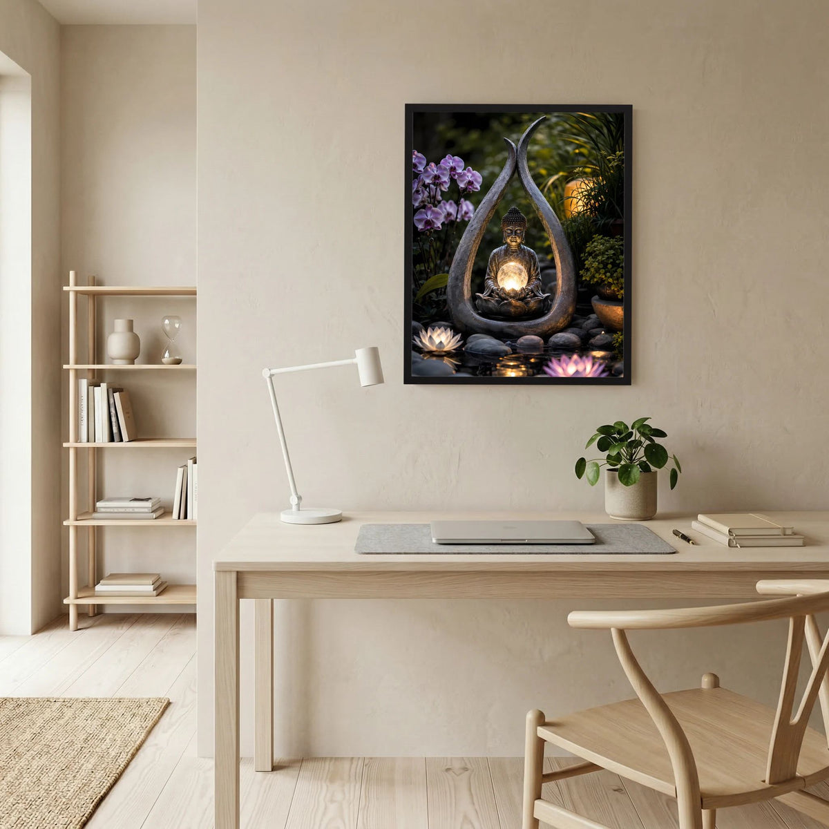 Spirituelles Poster mit Buddha im Zen-Garten, leuchtender Kugel und Orchideenblüten im schwarzen Rahmen