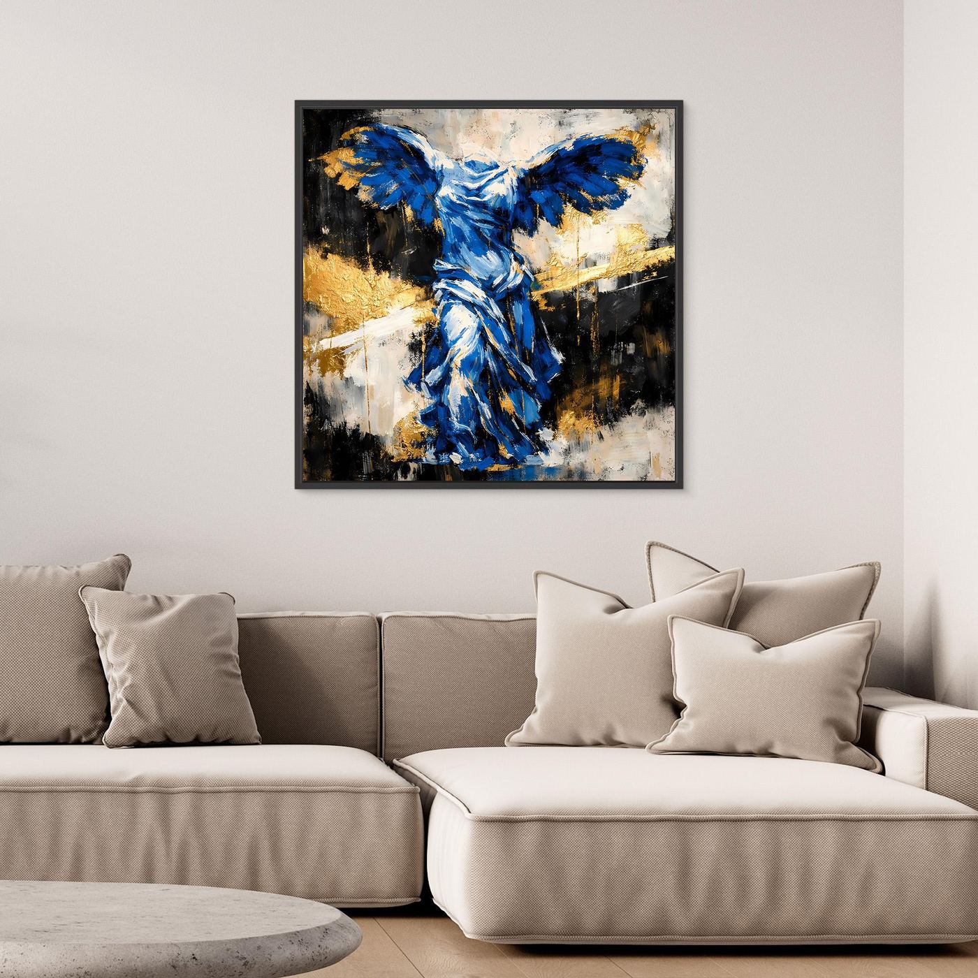 Leinwand Nike von Samothrake in Blau | Abstraktes Skulpturen Wandbild Gold