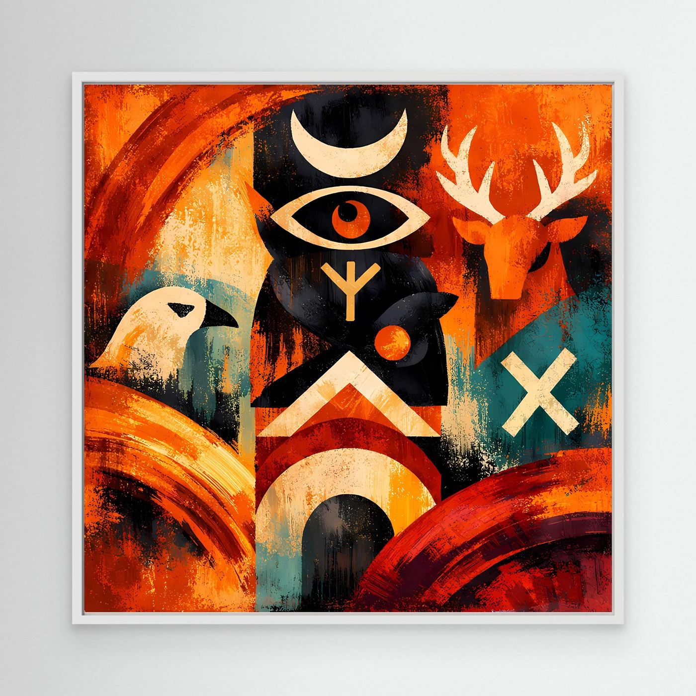 Abstraktes Totem-Leinwandbild mit Runen, Auge und Hörnern; im weißen Rahmen