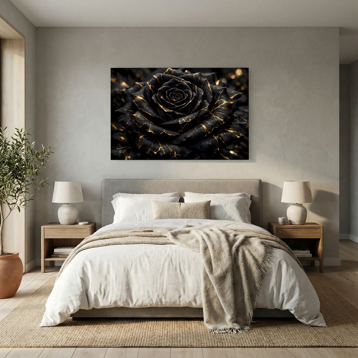 Wandbild: schwarze Rose mit goldenen Aderlinien, zentriertes Motiv im Querformat