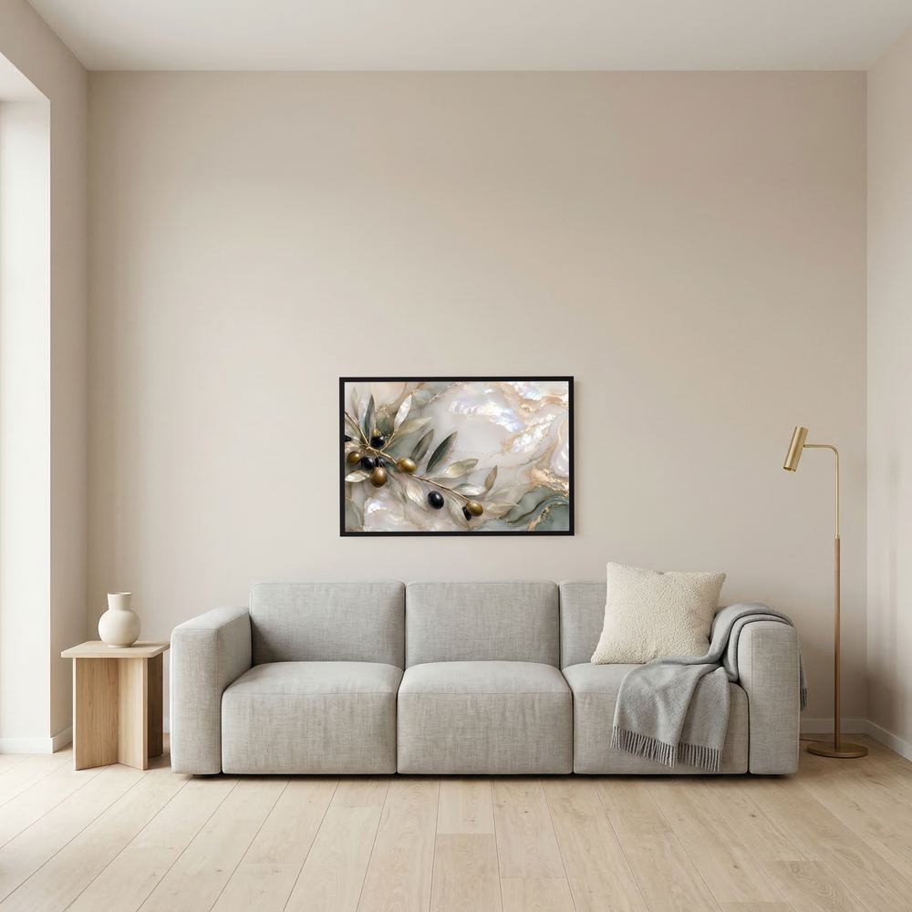 Wandbild Querformat mit Olivenzweig, Perlmutt- und Goldakzenten, schwarzer Rahmen