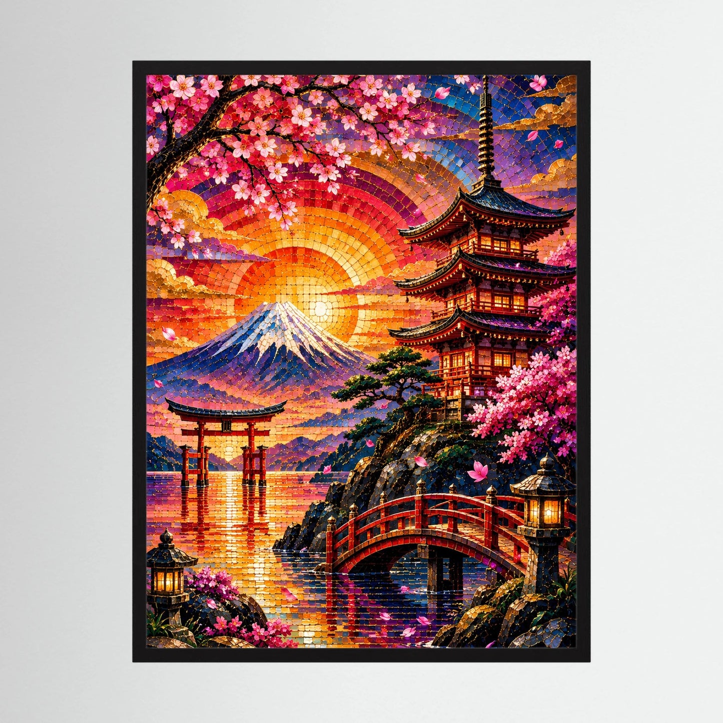 Gerahmtes Hochformat-Poster mit Mosaikmotiv von Fuji, Sakura und Pagode
