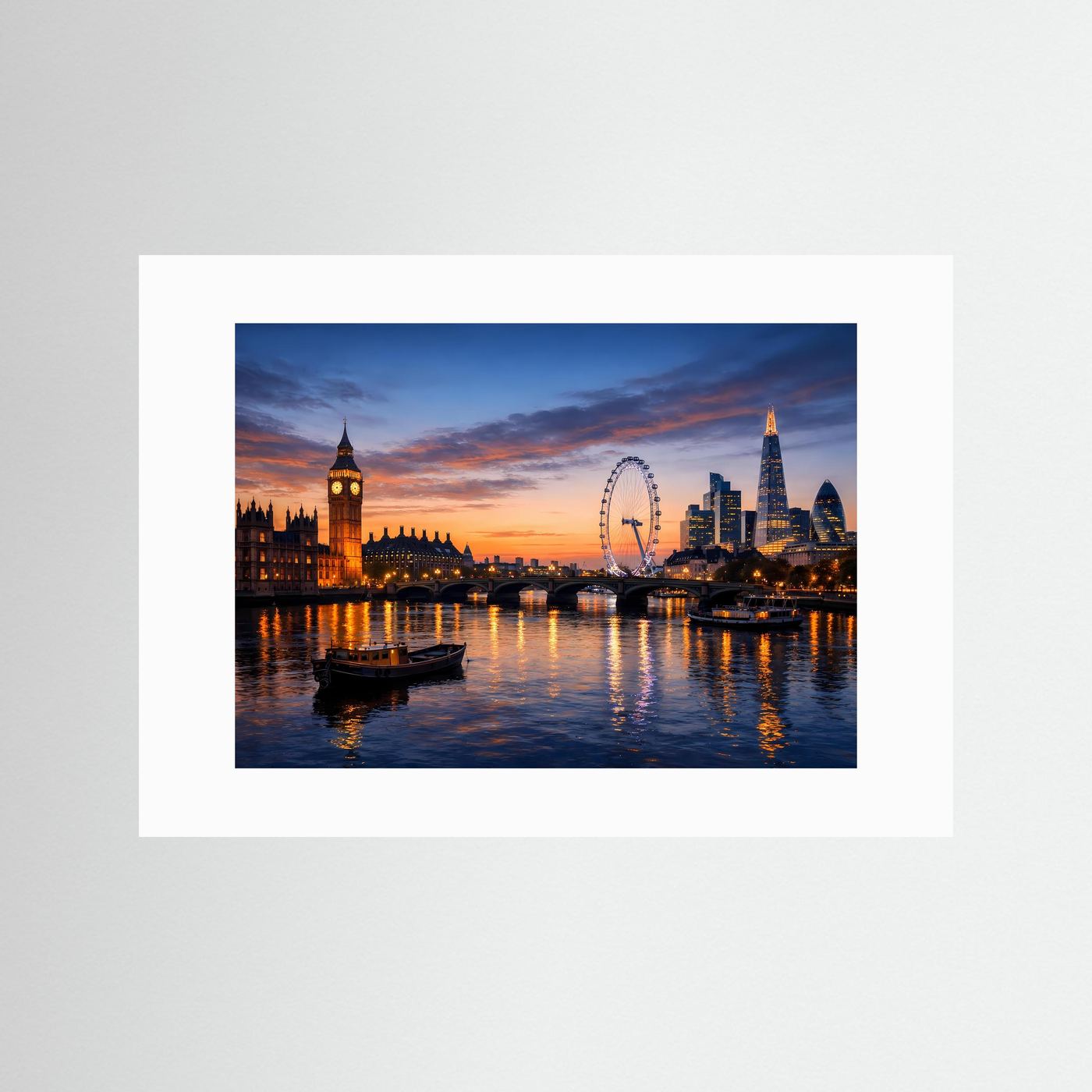 Poster ohne Rahmen mit weißem Rand: London Skyline bei Sonnenuntergang