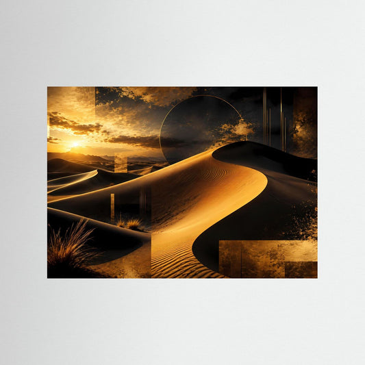 Wüstenposter mit goldener Sanddüne und Sonnenuntergang, ohne sichtbaren Holzrahmen