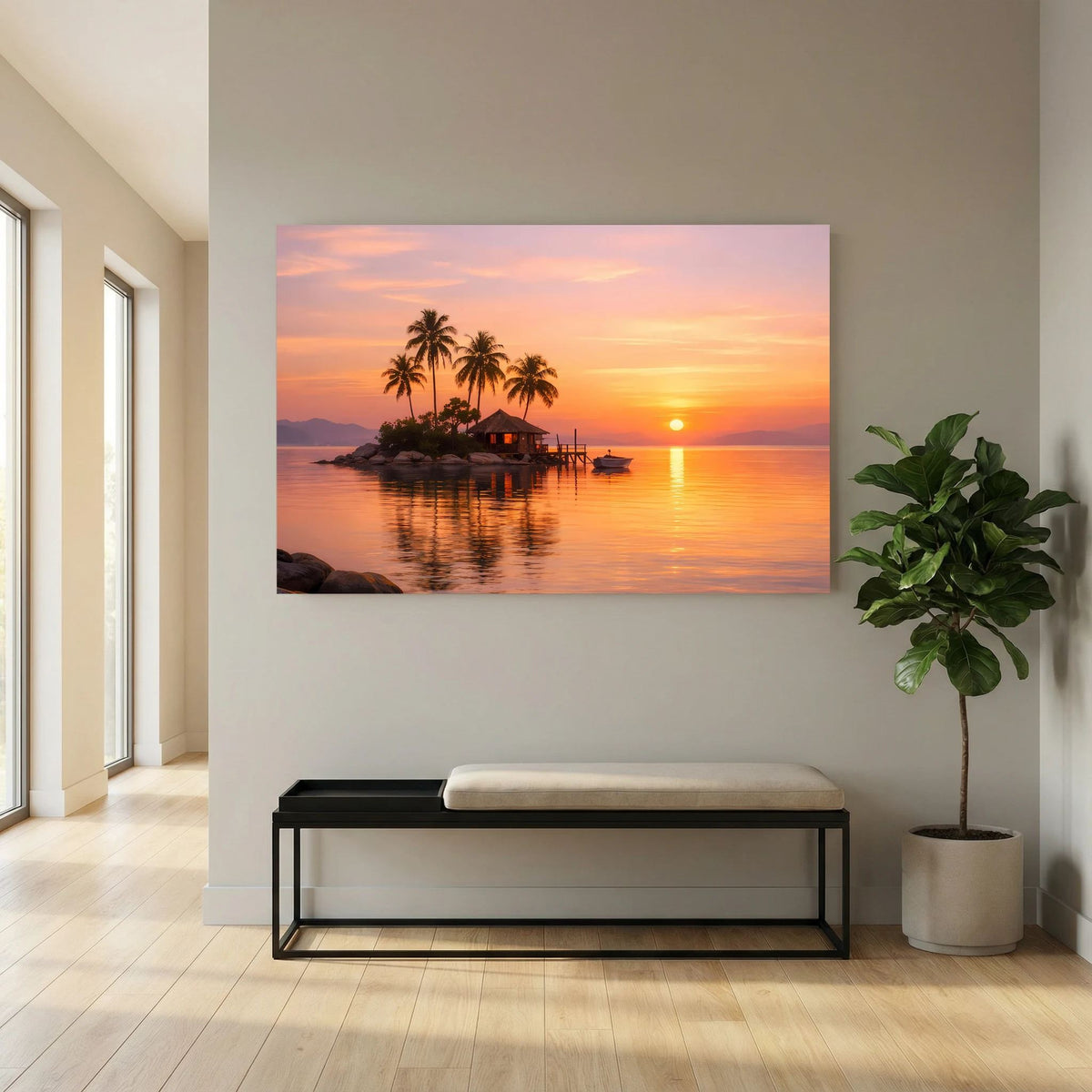 Wandbild im Querformat mit tropischer Insel, Palmen und Sonne im Sonnenuntergang