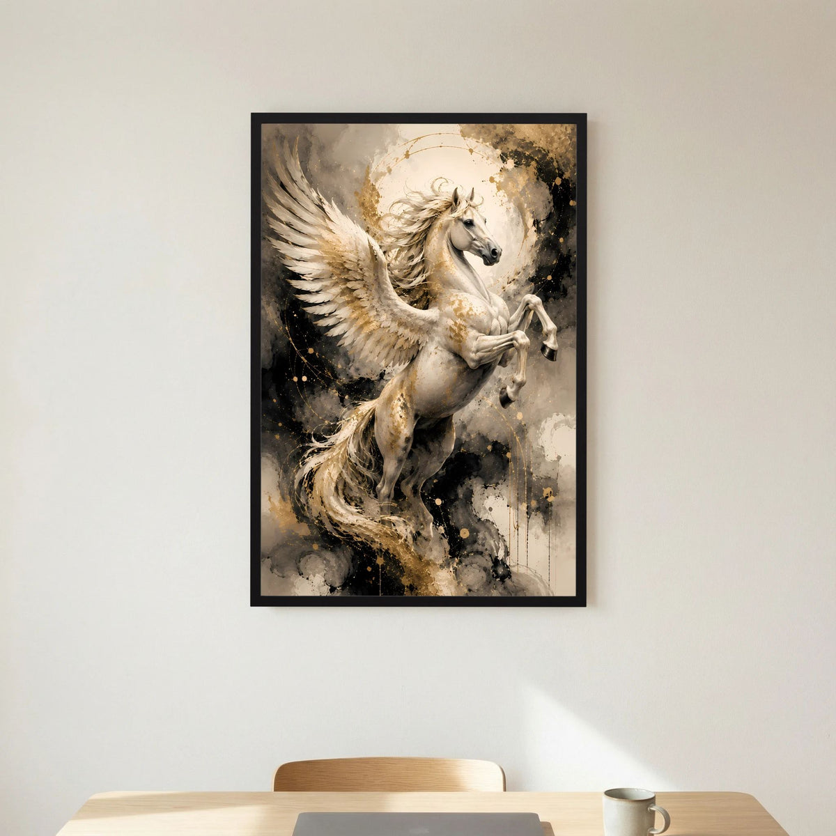 Poster im schwarzen Rahmen mit geflügeltem Pferd, beiger und goldener Farbgestaltung, Hochformat
