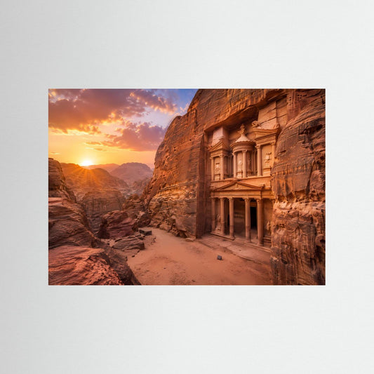 Poster im Querformat mit Felsenstadt Petra bei Sonnenuntergang, Blick auf Gebäude
