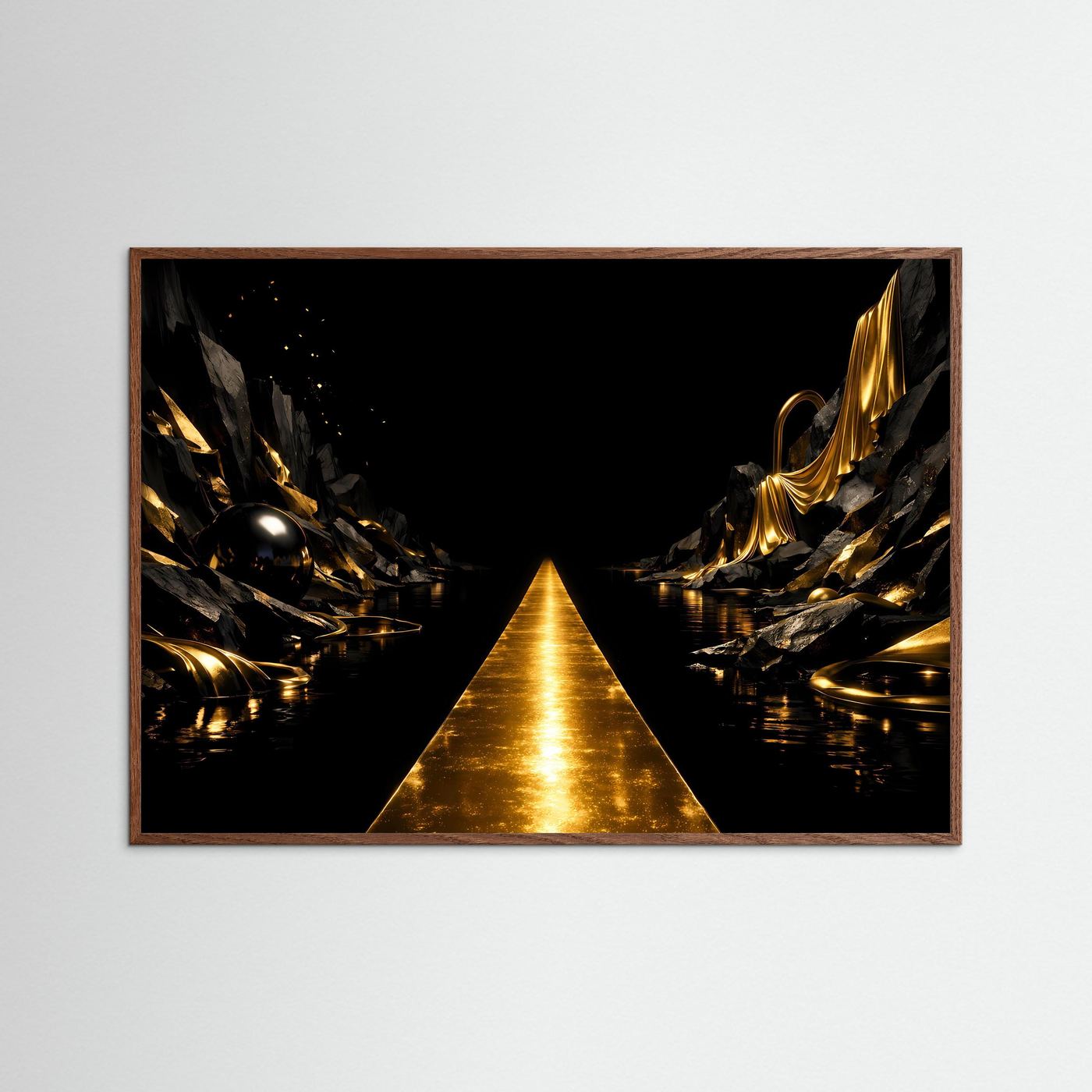 Goldener Pfad in Mystischer Felslandschaft | Luxus Kunst & Elegante Wanddeko Querformat