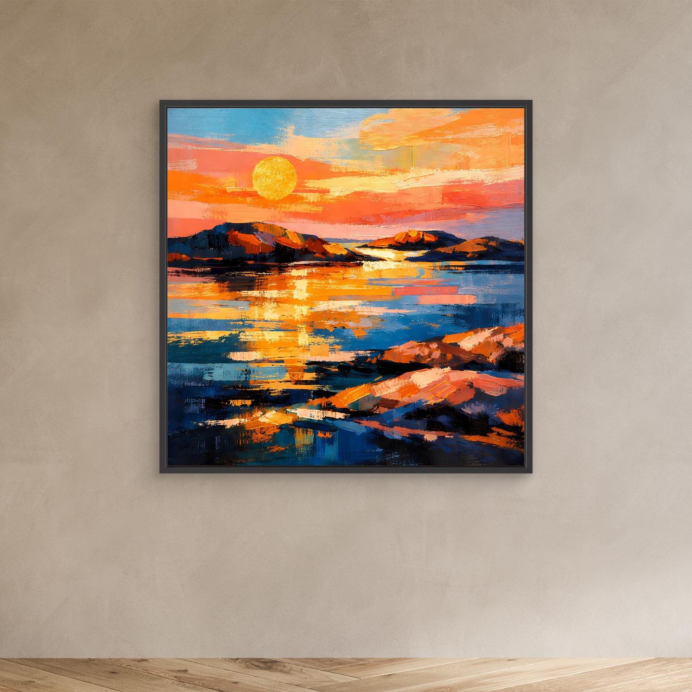 Abstraktes Leinwandbild mit Sonnenuntergang über dem Meer, schwarzer Rahmen