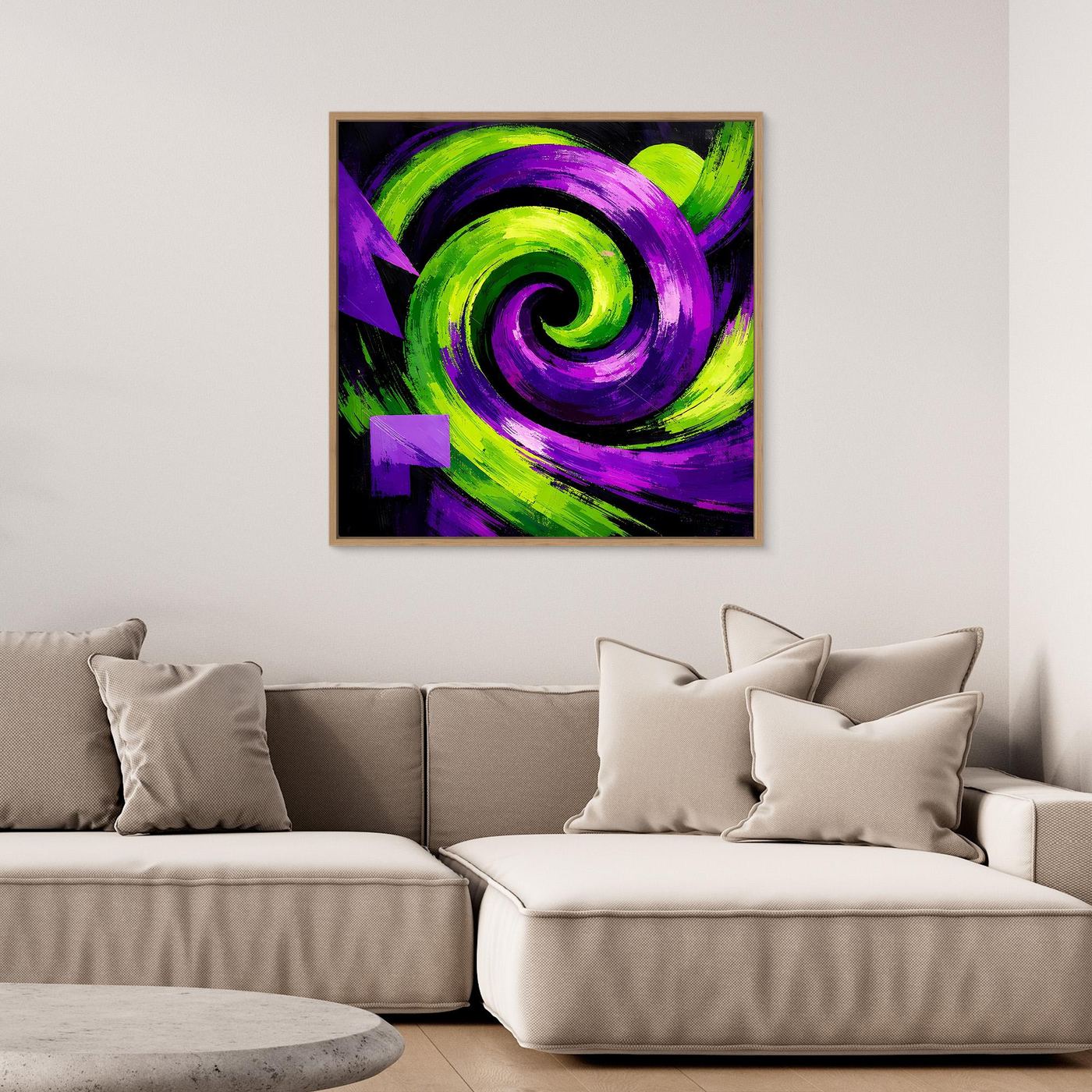 Modernes abstraktes Leinwandbild: grüne und violette Spiralen mit dunklen Kontrasten