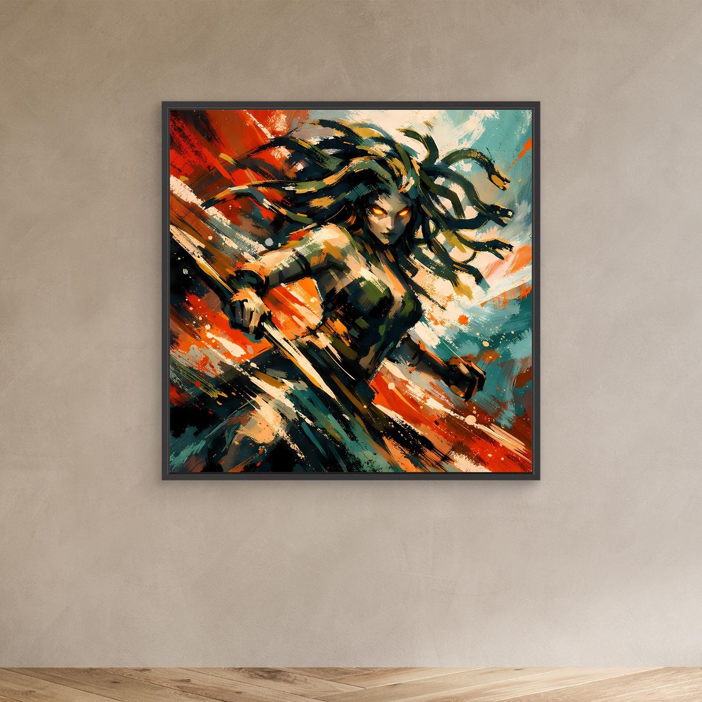 Leinwand Mythische Medusa im Action-Stil | Dynamisches Wandbild auf echter Leinwand