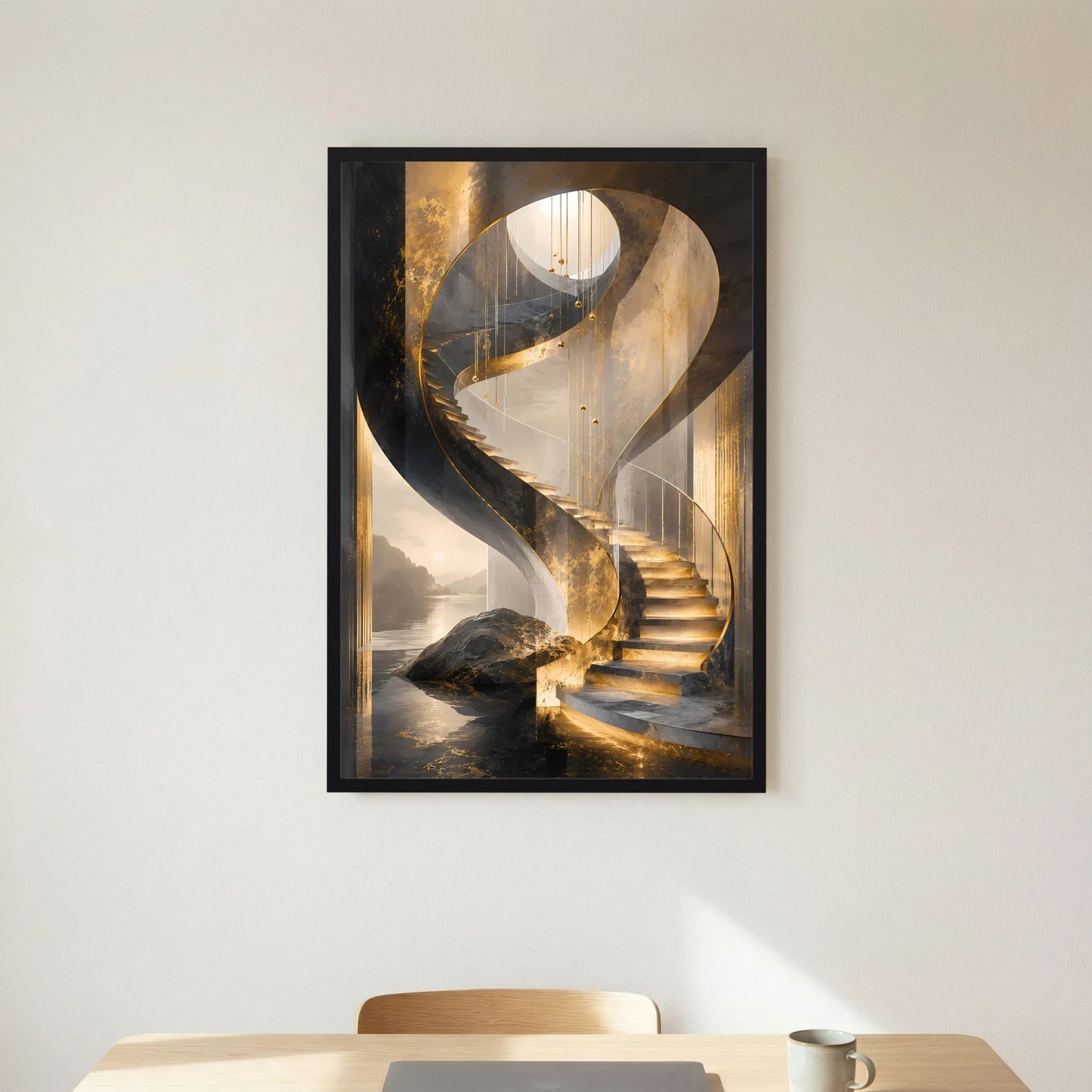 Hochformat-Poster im schwarzen Rahmen mit goldener Wendeltreppe, cremefarbenem Lichtring