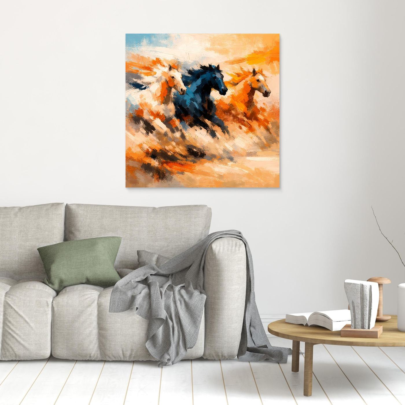 Premium Leinwand Wilde Pferde Galopp | Abstraktes Wandbild Dynamische Ölgemälde Optik