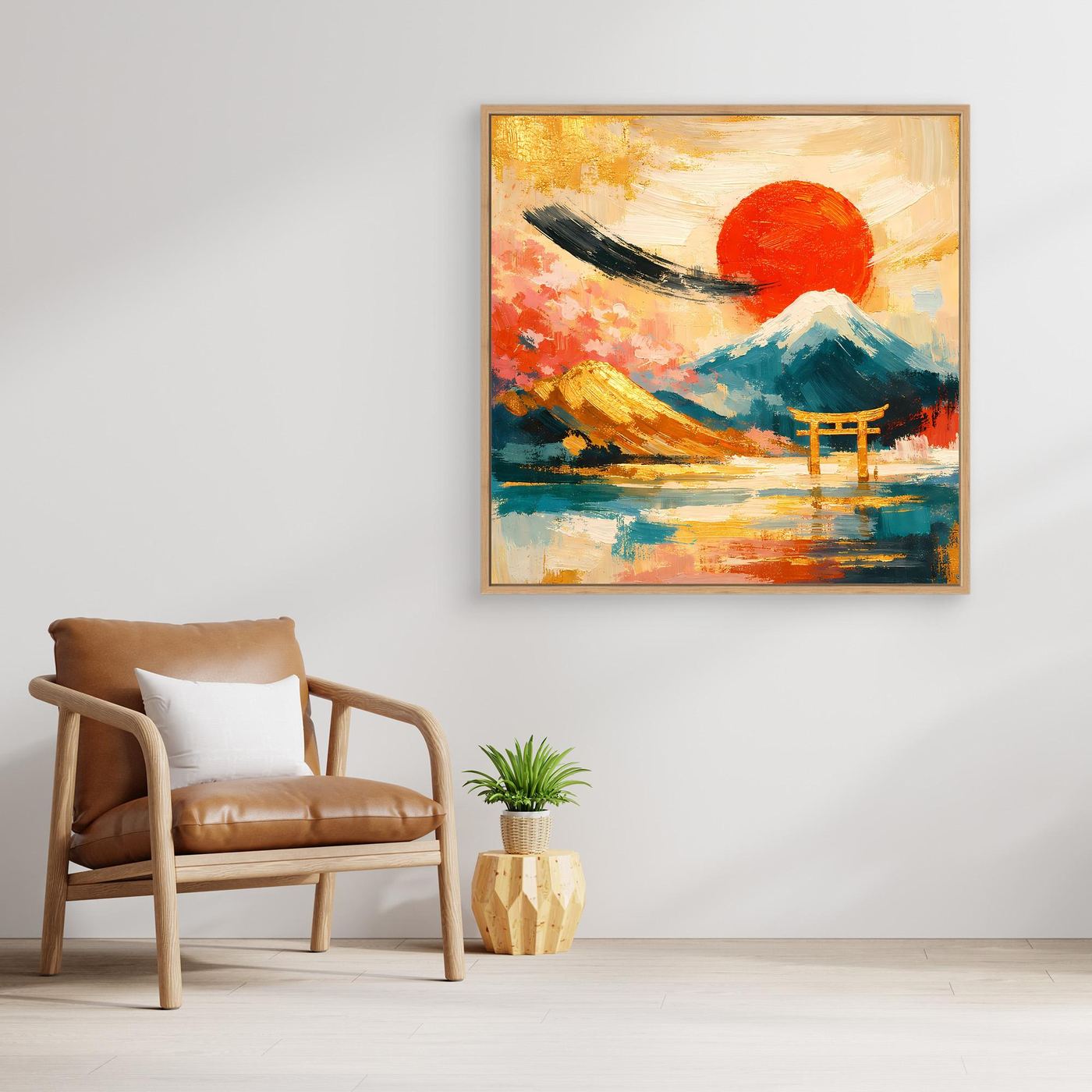 Leinwandbild mit Torii-Tor und Berglandschaft, roter Sonne, goldener Rahmen