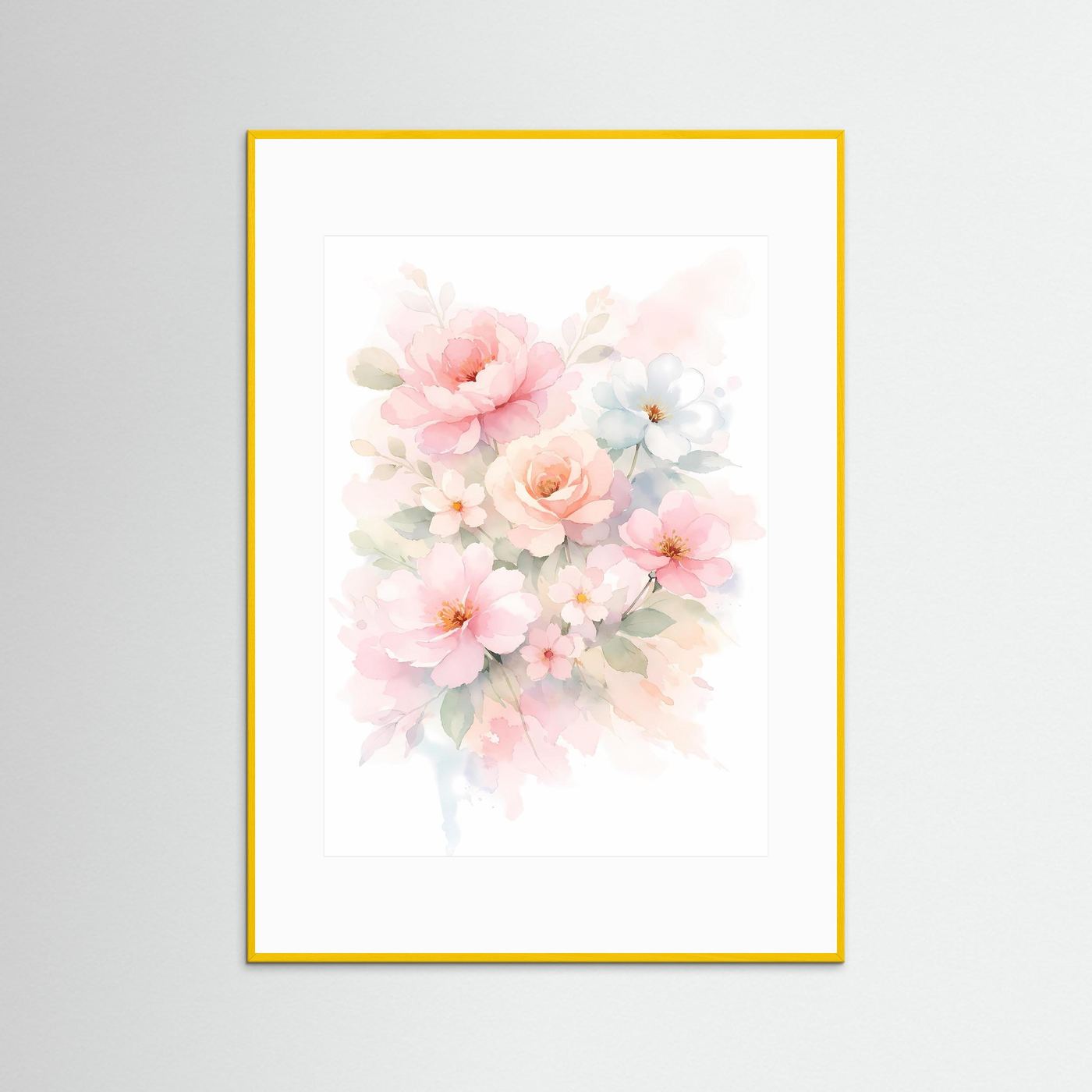 Wandbild mit Aquarell-Blumenstrauß in Pastellrosa und Blassblau, weißer Rahmen
