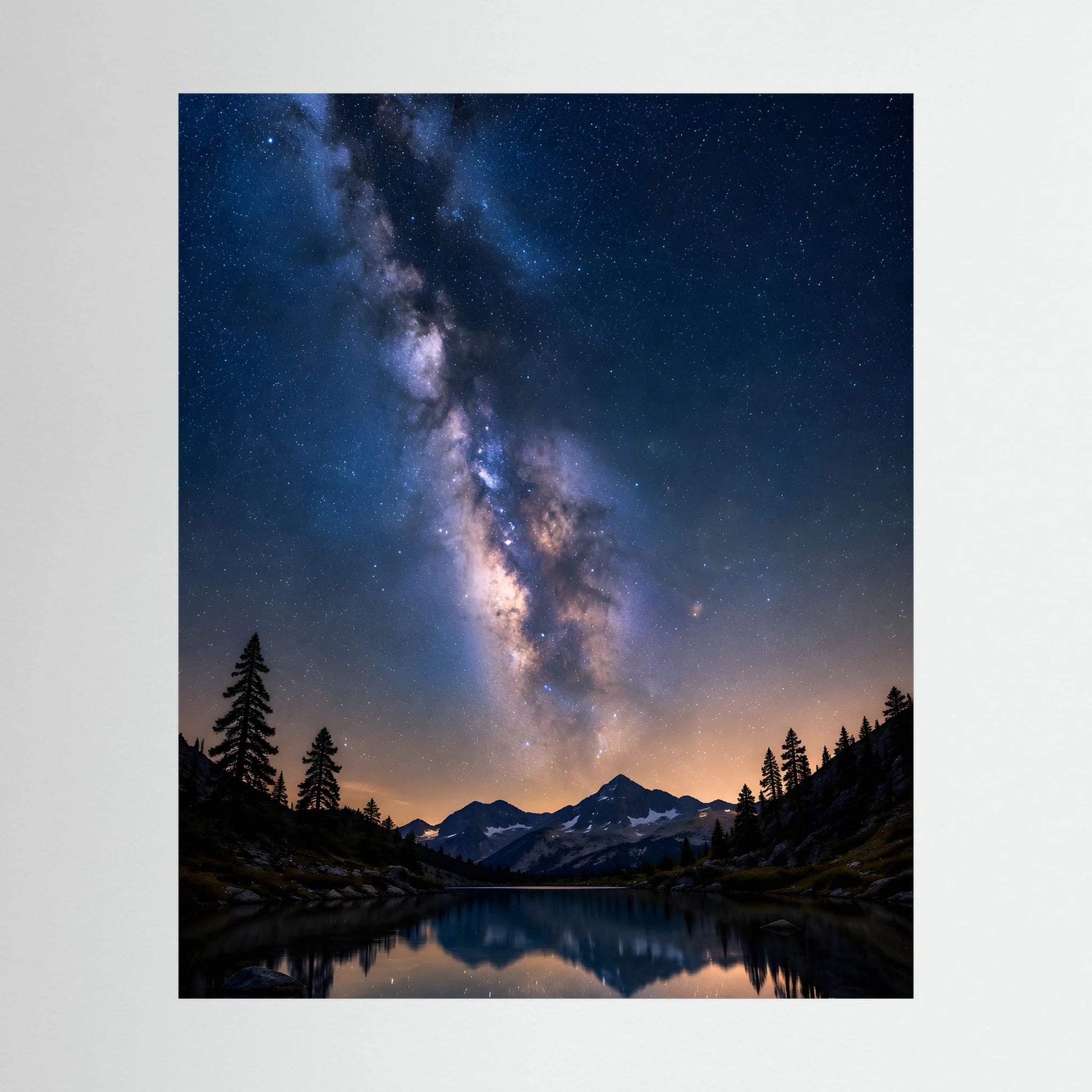 Hochformat-Poster mit Sternenhimmel, Milchstraße über Bergsee und Bergen in der Nacht