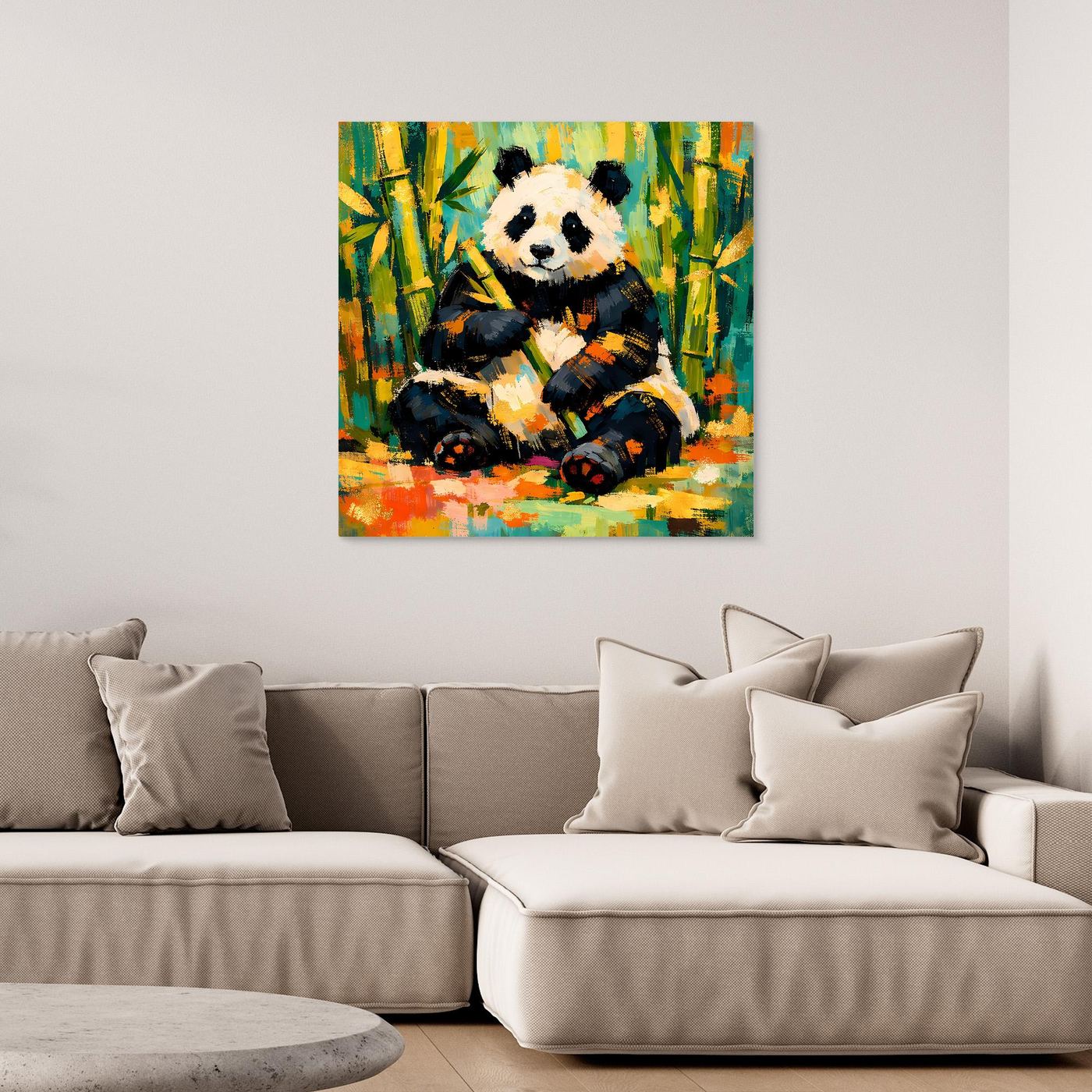 Leinwandbild mit sitzendem Panda im Bambuswald, bunt abstrakt