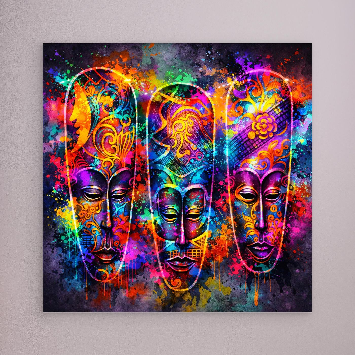 Leinwandbild mit drei farbigen Masken im Neon-Stil, ohne sichtbaren Rahmen