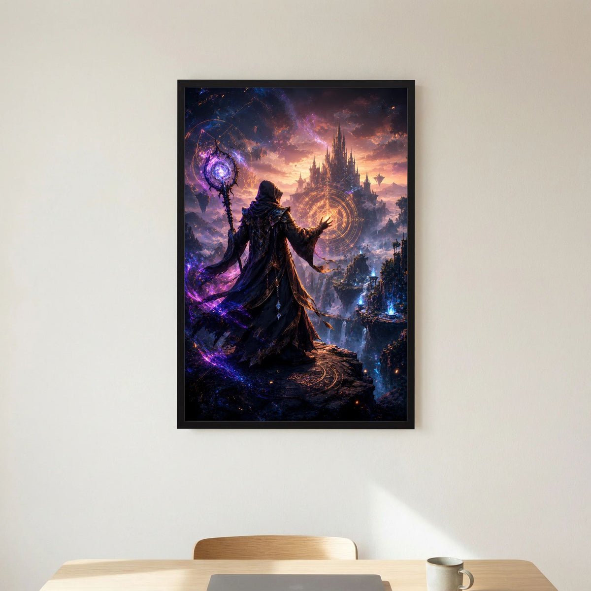 Kunstposter im Hochformat mit schwarzem Rahmen: Magier mit Stab und magischer Burg