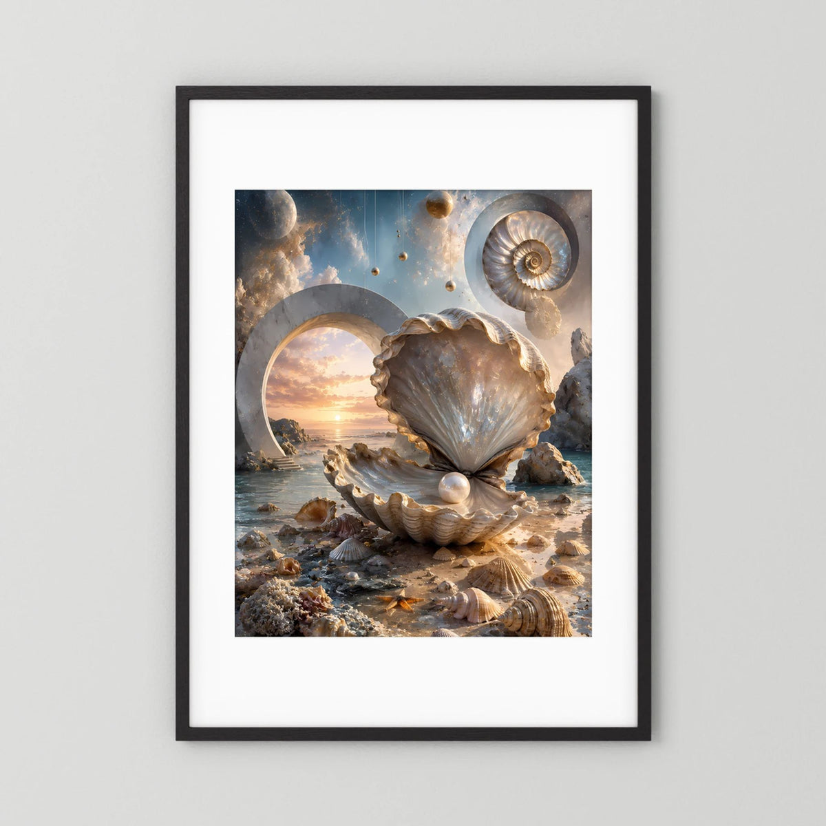 Hochformat-Poster mit Muschelmotiv in Creme und Gold, schwarzer Rahmen mit weißem Rand