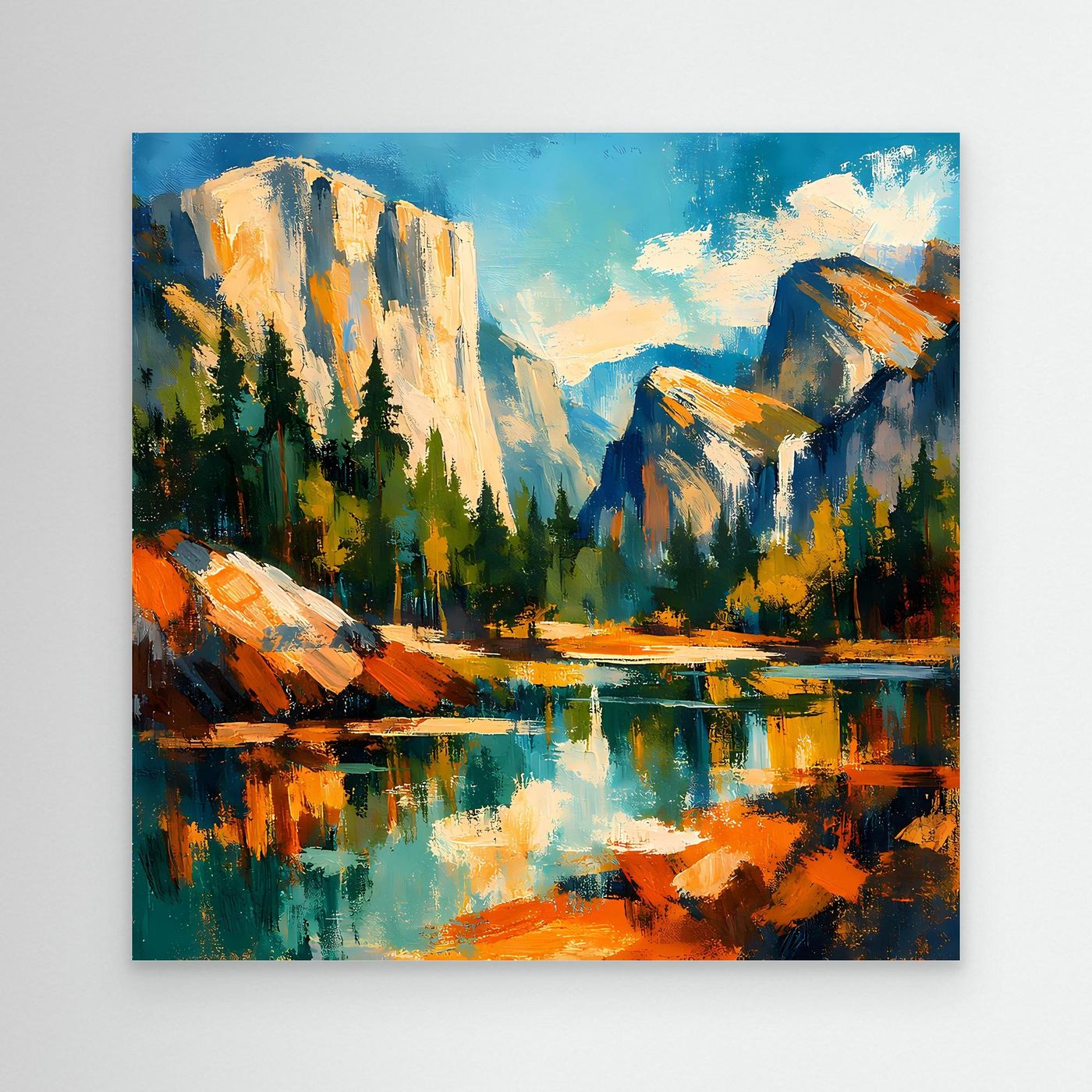 Leinwand-Wandbild mit abstrakter Berglandschaft und See, ohne Rahmen