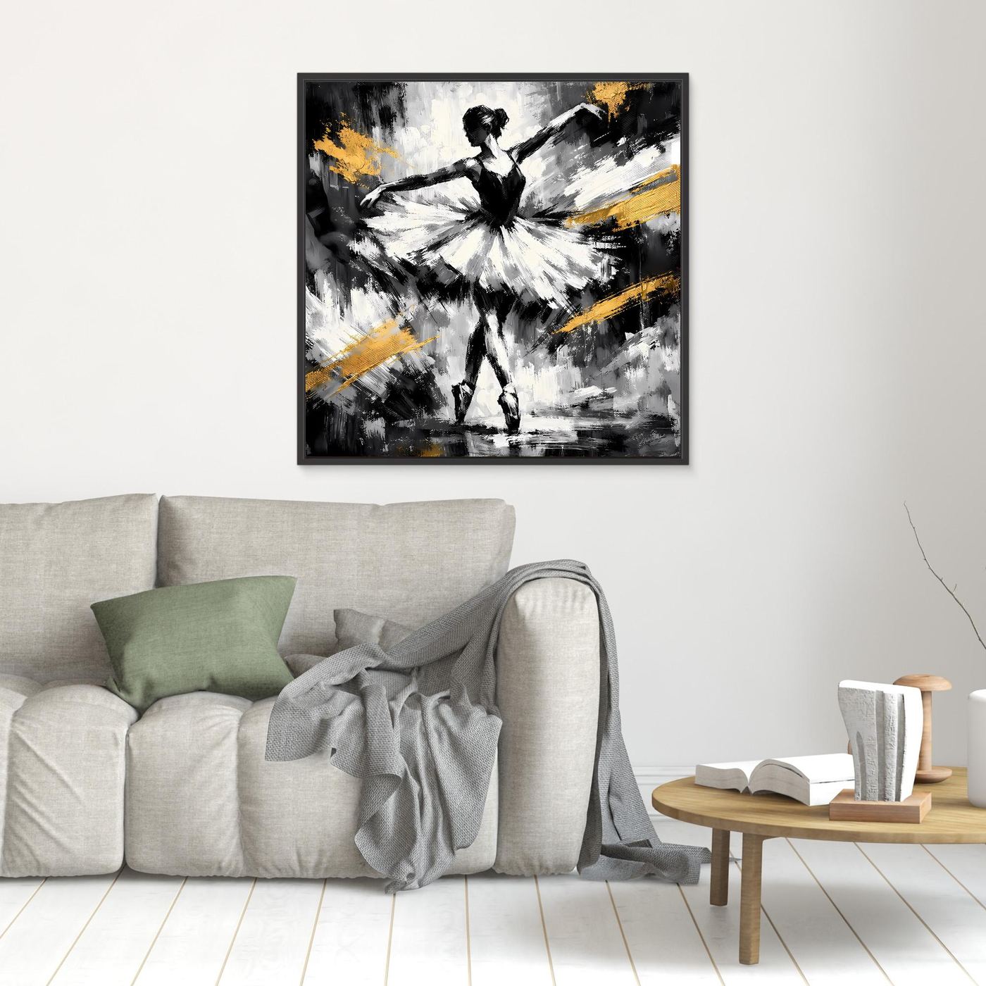 Kleines gerahmtes Leinwandbild mit abstrakter Ballerina in Schwarzweiß und goldenen Akzenten