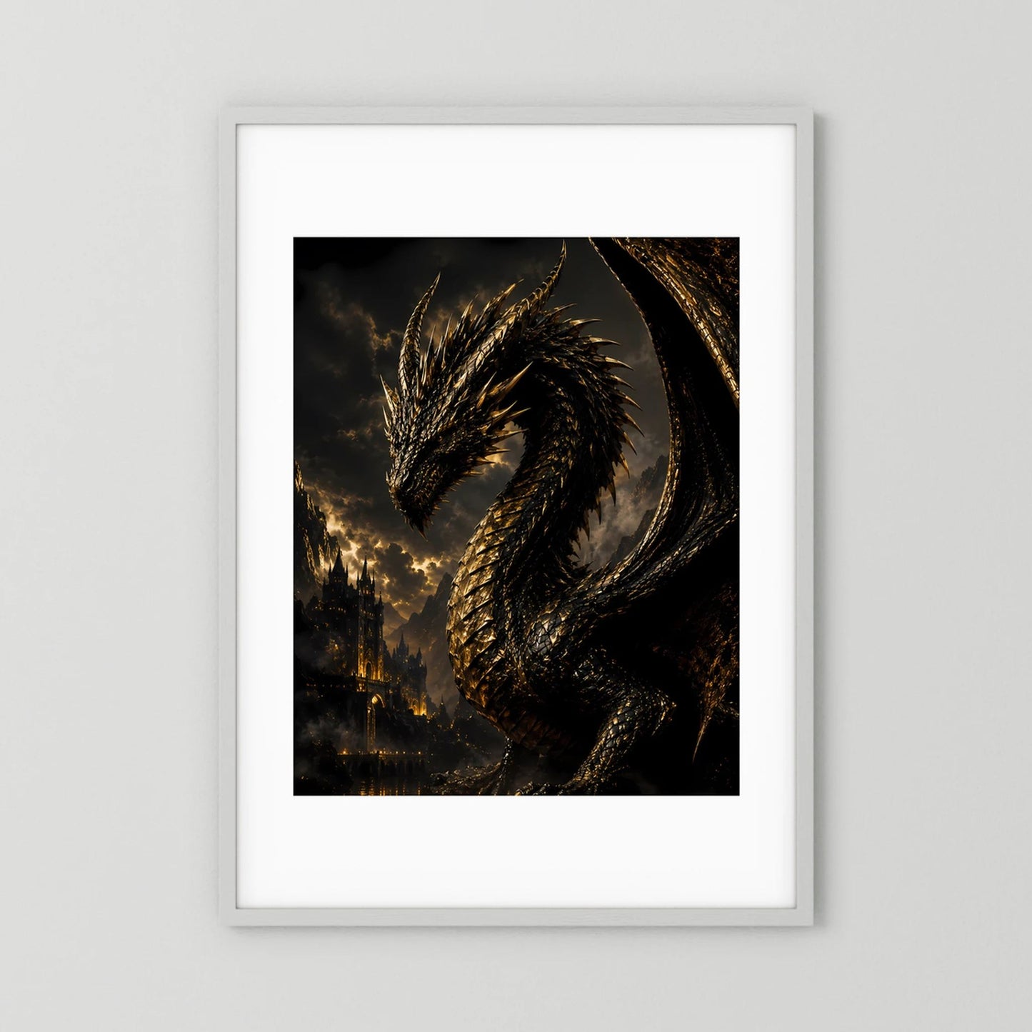 Poster im weißen Rahmen mit schwarzem Drachen und goldenen Konturen