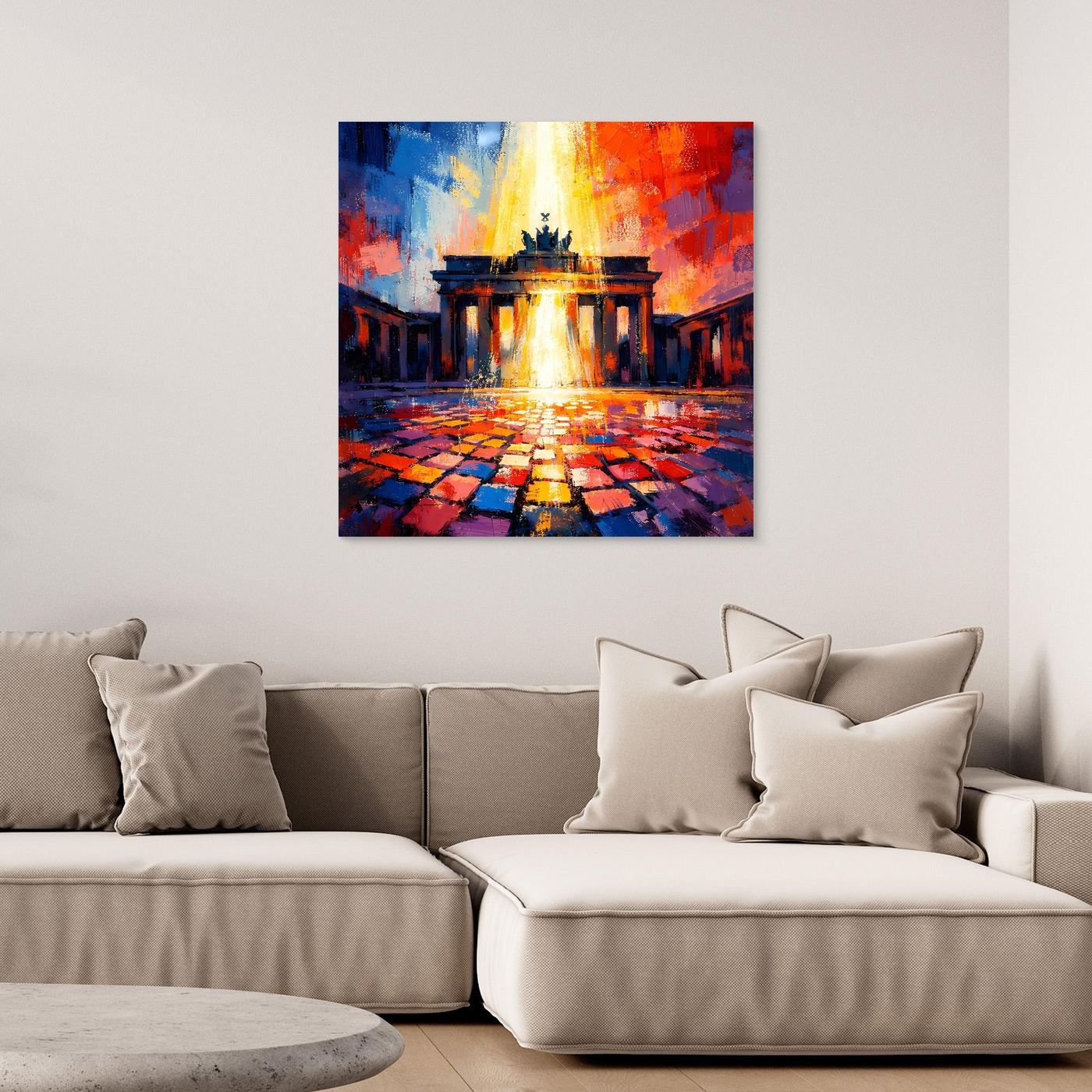 Abstraktes Wandbild mit Brandenburg-Tor-Motiv, farbenfroher Lichtermeer-Effekt, dunkel gerahmt
