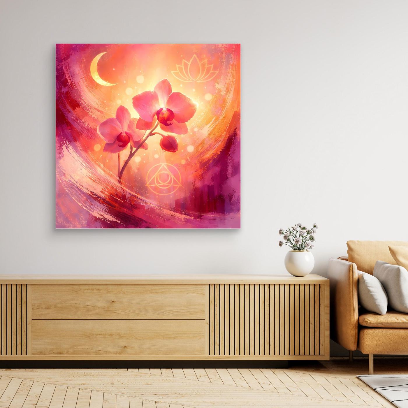 Abstraktes Wandbild mit pinker Orchidee und Mondsichel, quadratischer Leinwandprint