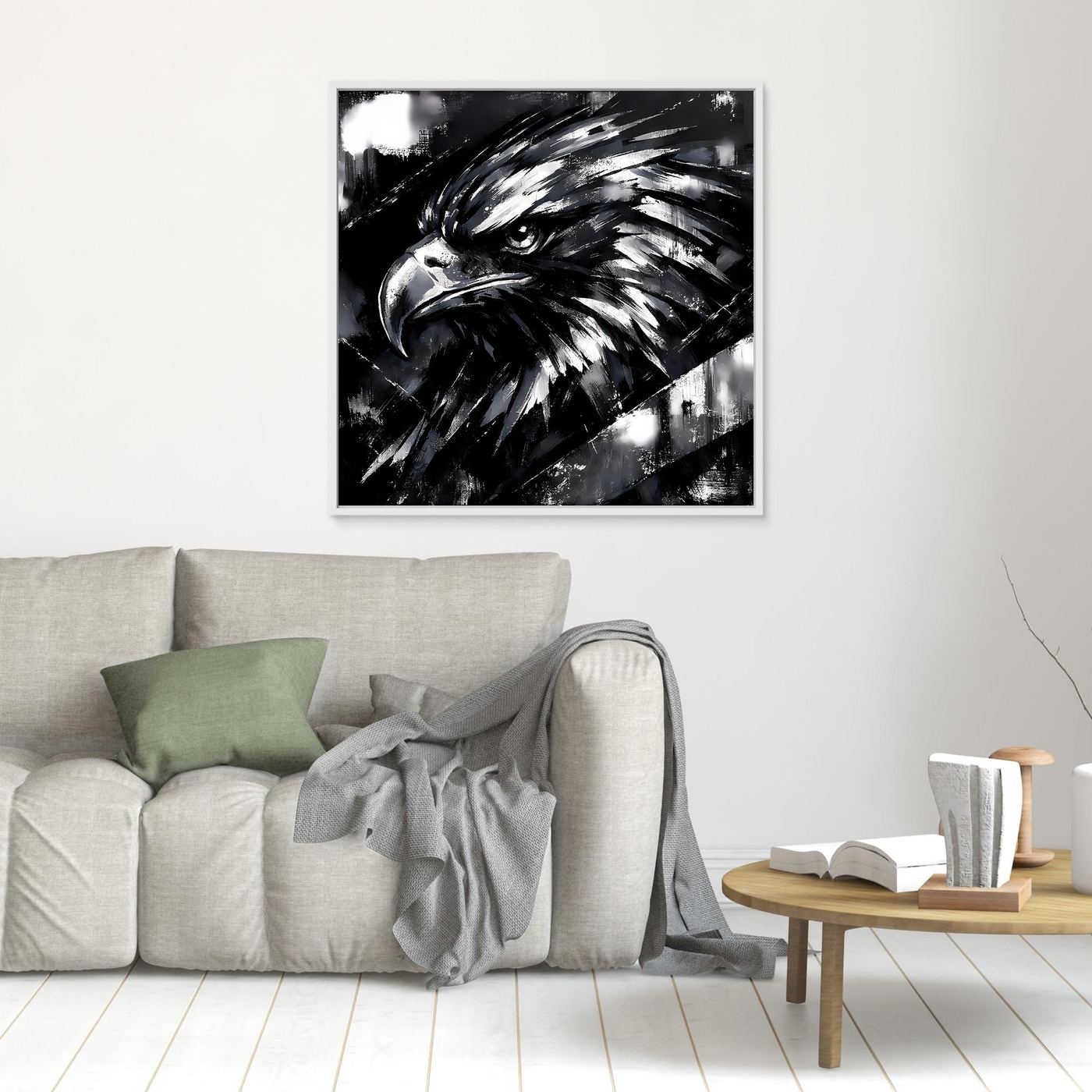 Quadratisches Leinwand-Wandbild mit Adlerkopf in Schwarzweiß, heller Rand