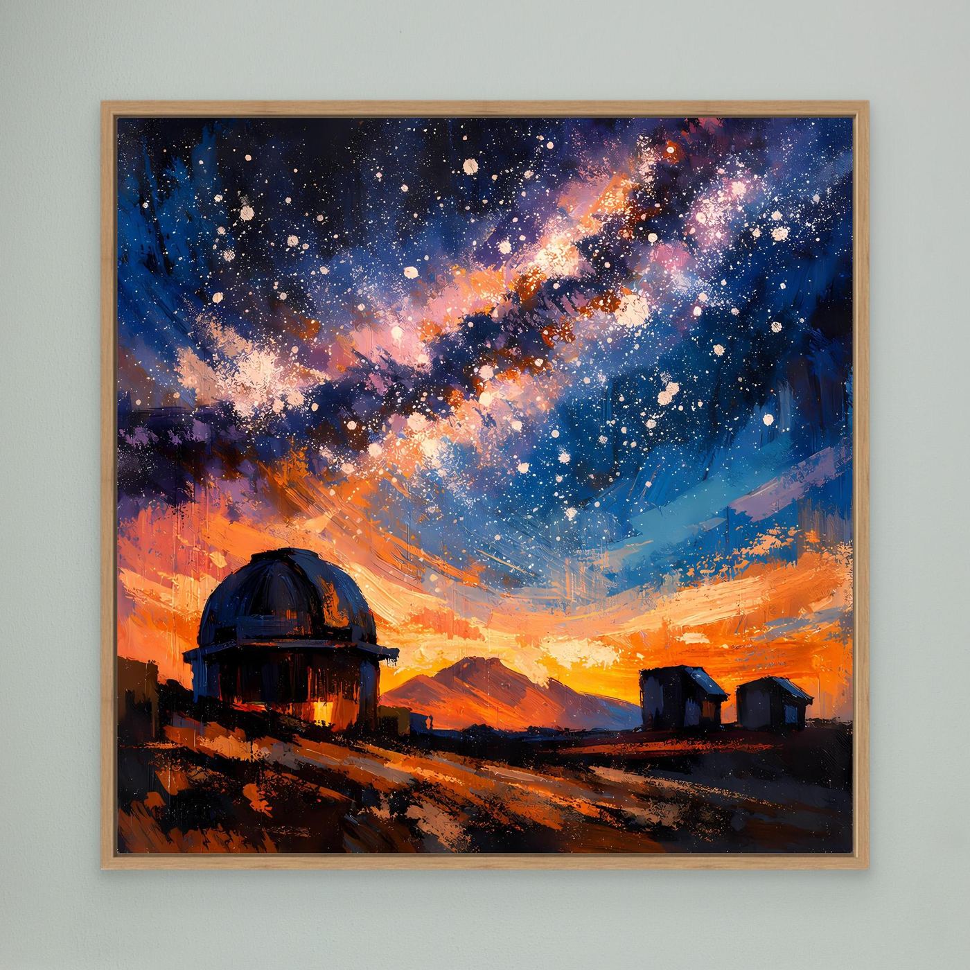 Leinwand-Wandbild im Holzrahmen mit Sternenhimmel, Milchstraße und Sternwarte im orange-blauen Farbverlauf