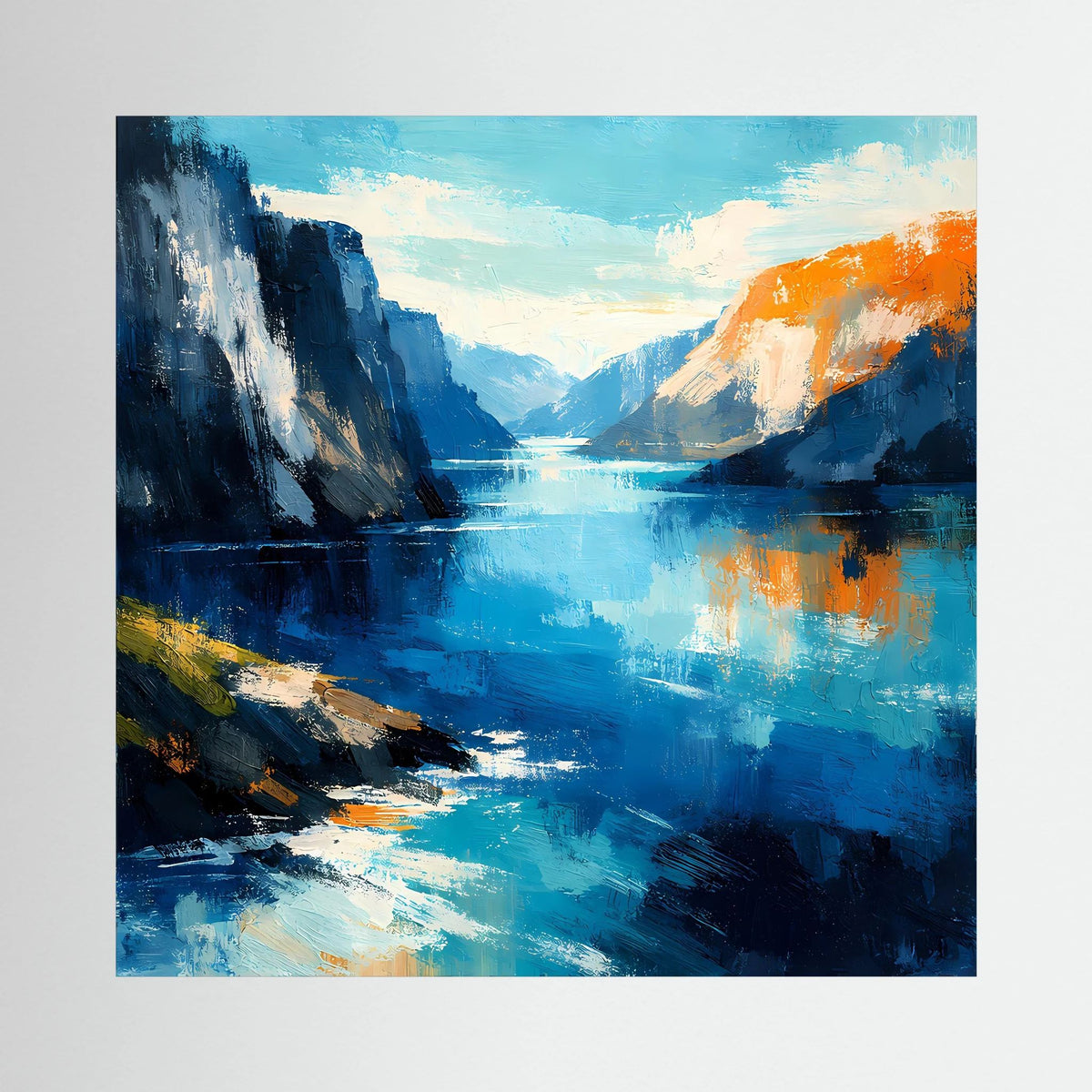 Leinwand Abstraktes Fjord Gemälde | Modernes Norwegisches Wandbild Blau Orange