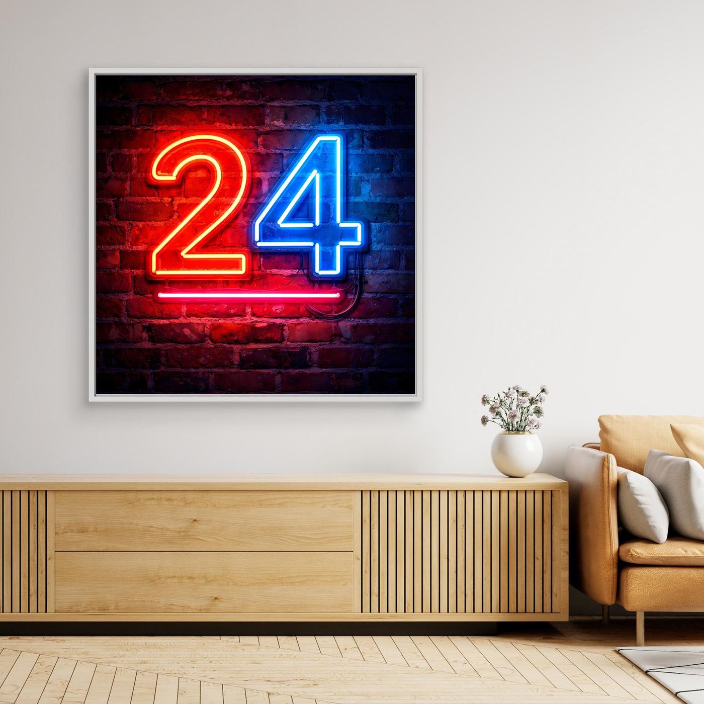 Leinwandbild Neon-Zahl 24 mit rotem und blauem Licht, weißer Rahmen