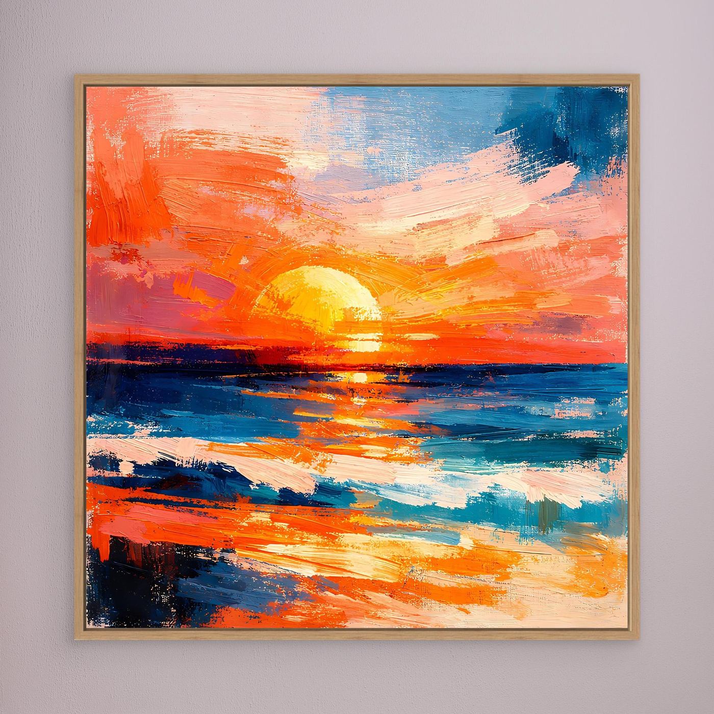 Abstract sunset sea wall art with rising yellow sun in a light wood frame