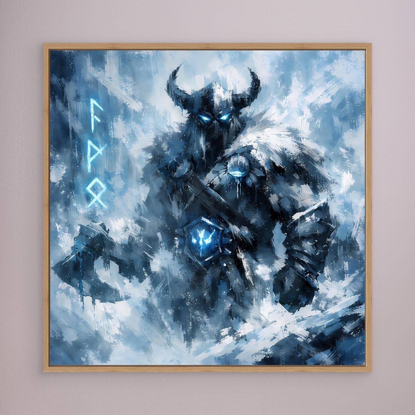 Wandbild mit blau-schwarzem Eis-Krieger-Motiv, Holzrahmen in Eiche-Optik.