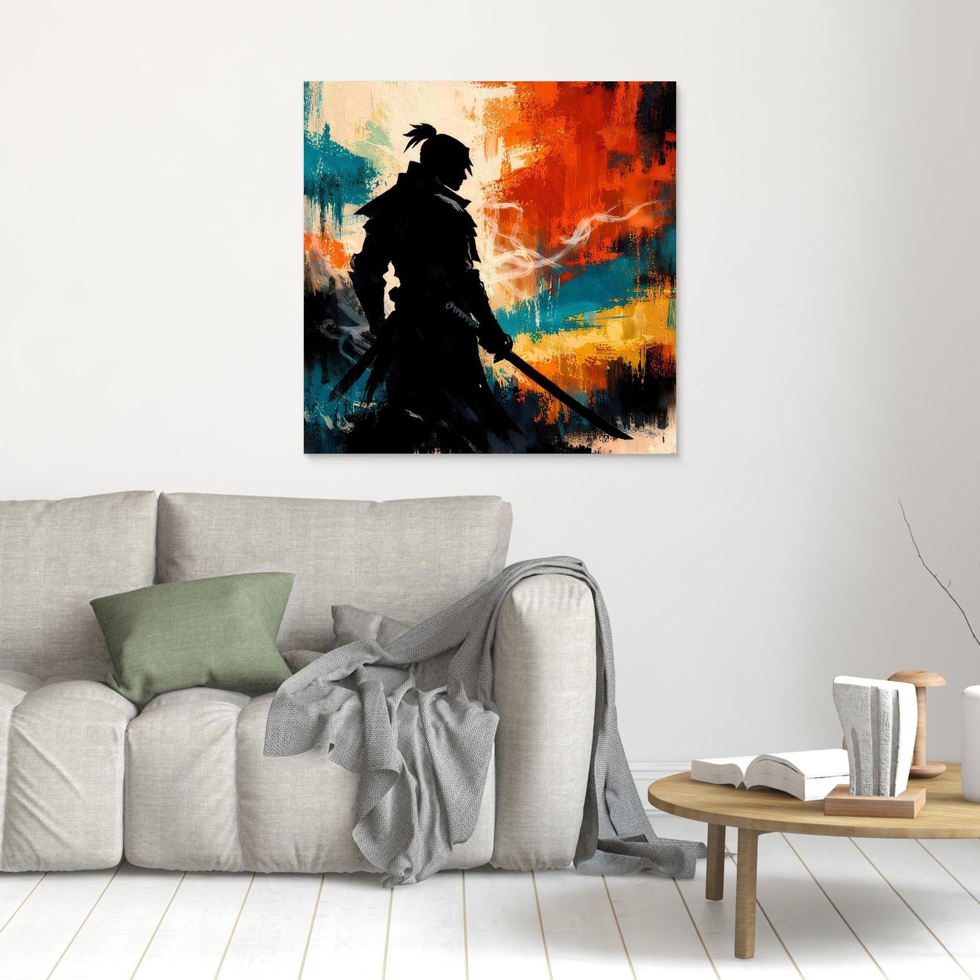 Wandbild mit Samurai-Silhouette und abstrakten Farbflecken, brauner Rahmen