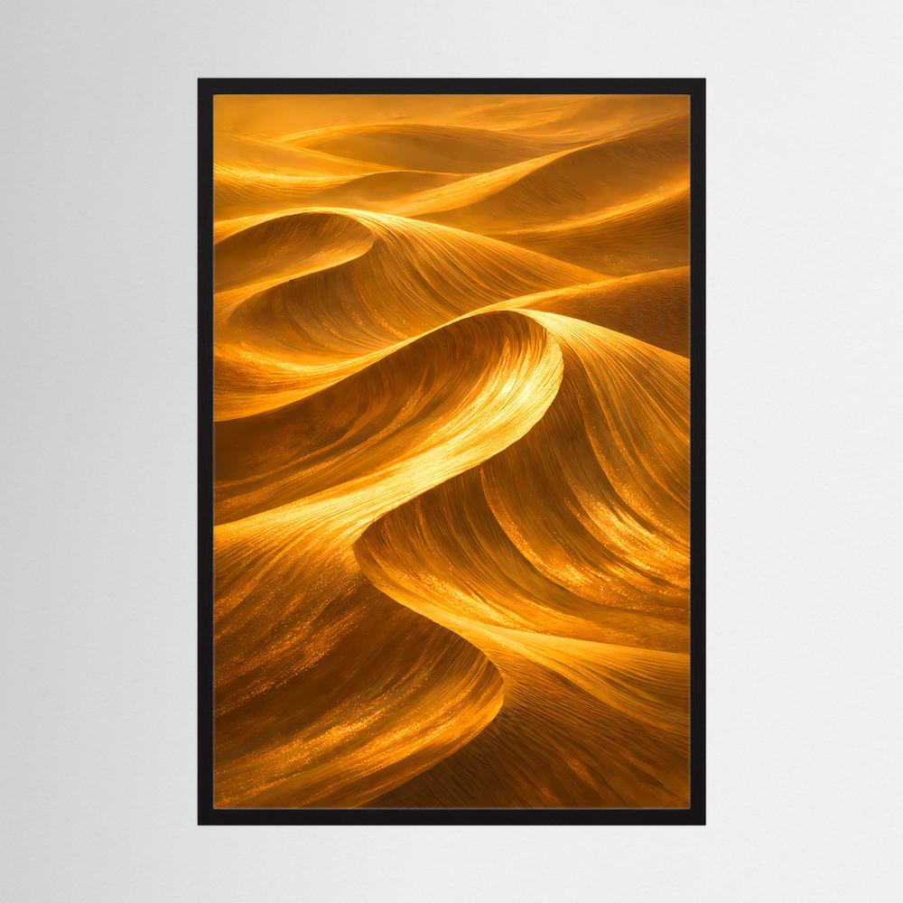 Wüstenlandschafts-Poster mit schwarzem Rahmen, abstrakte goldene Sanddünen im Hochformat