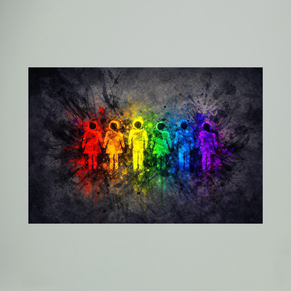 Wandposter im Querformat mit Regenbogenfarben und Menschen-Silhouetten im Sprühnebel