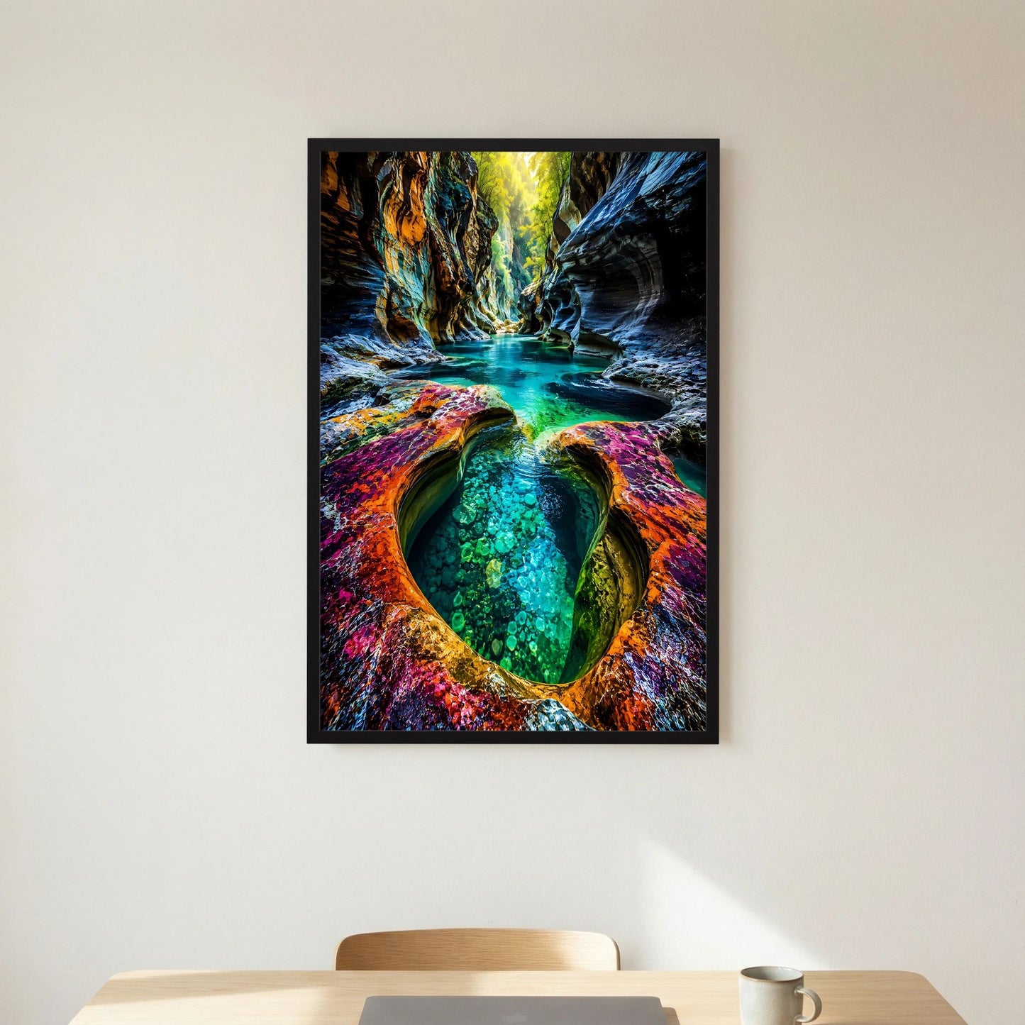 Hochformat-Poster mit türkisfarbenem Schluchtenwasser und bunten Felsen im schwarzen Rahmen