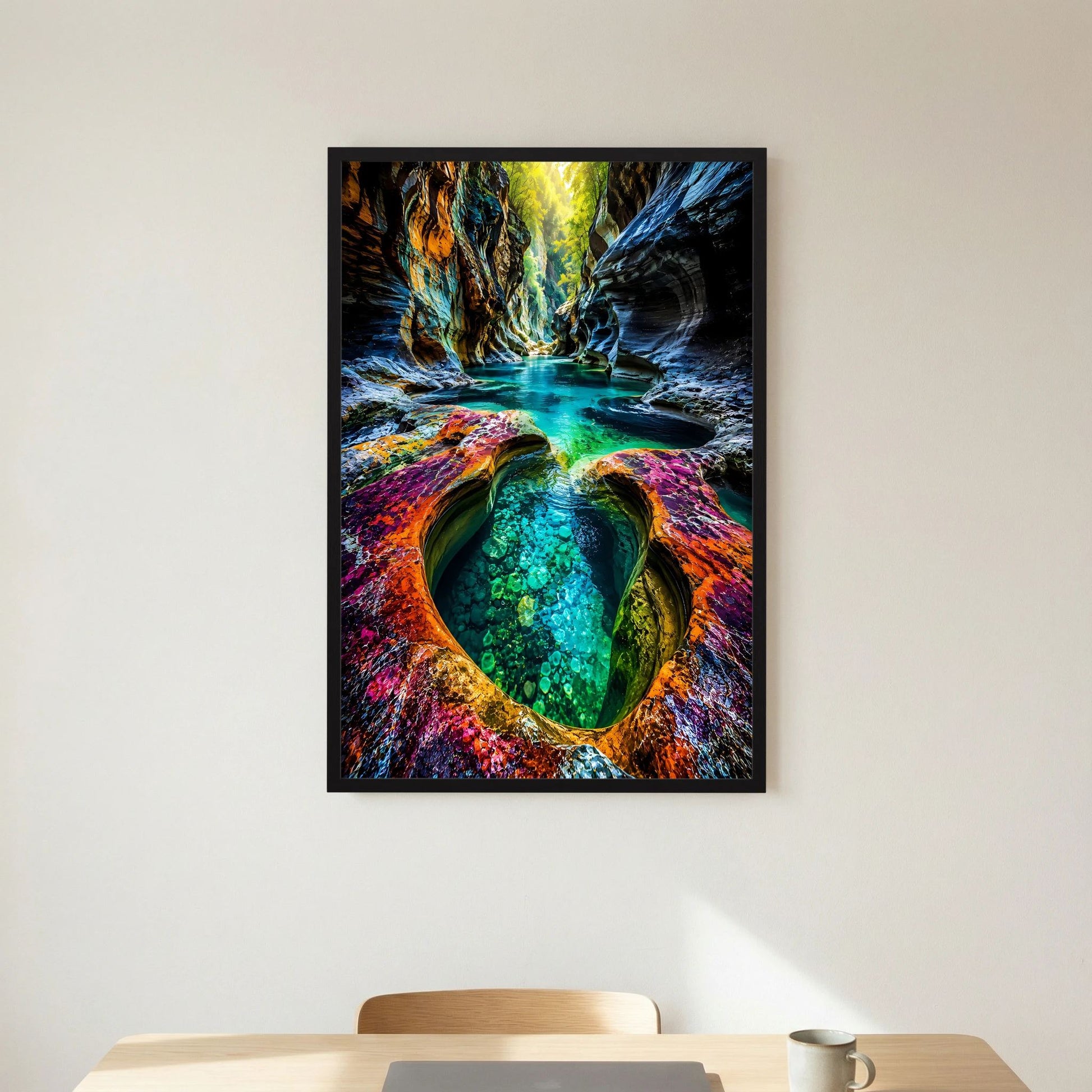 Hochformat-Poster mit türkisfarbenem Schluchtenwasser und bunten Felsen im schwarzen Rahmen
