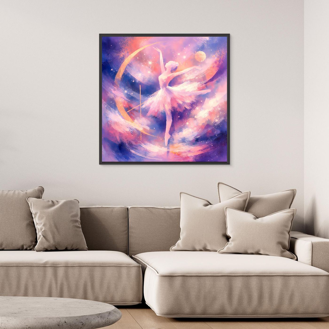 Gerahmtes Leinwandbild mit tanzender Ballerina in pastellfarbenem Sternenhimmel