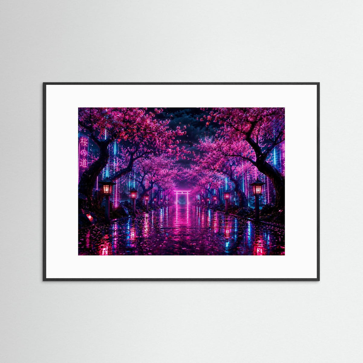 Gerahmtes Neon-Wandbild mit weißem Rand: Kirschblütenallee bei Nacht, pink-blaues Licht und Torii